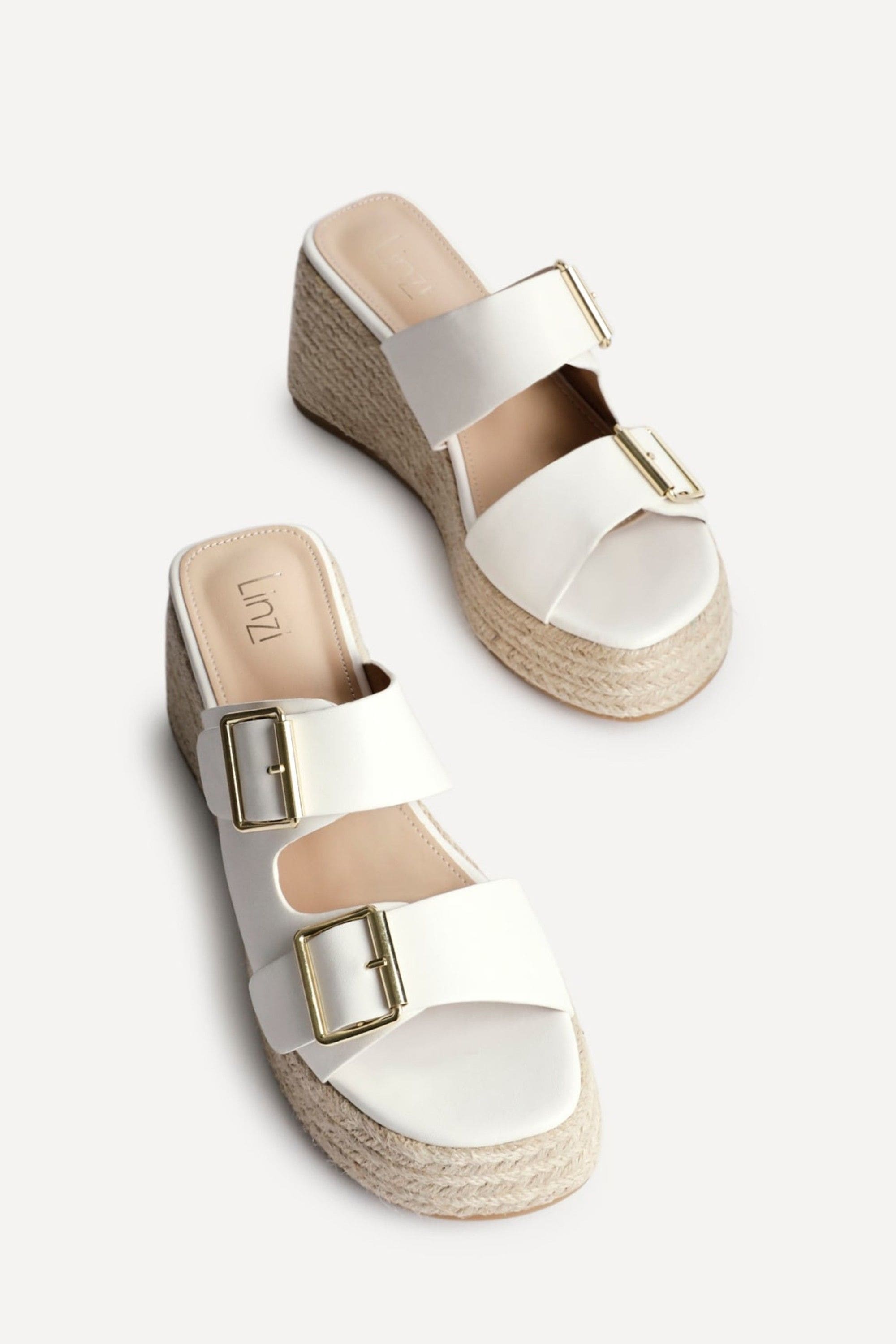 Linzi Impact White Faux Leather Double Buckle Espadrille Wedge Mule image 5