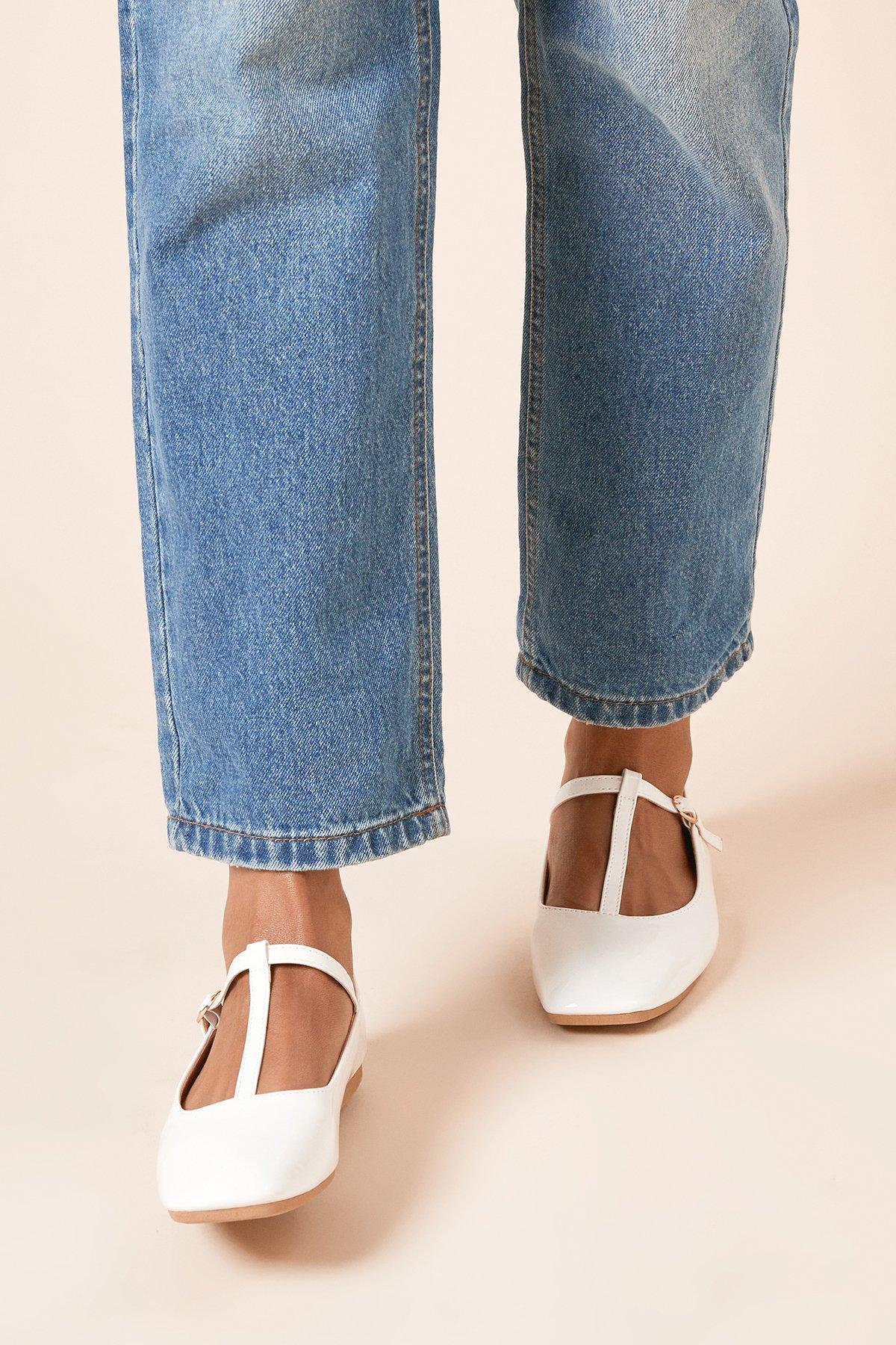 Dorothy Perkins Claudia Faux Patent Leather T-Bar Ballet Pumps White image 3