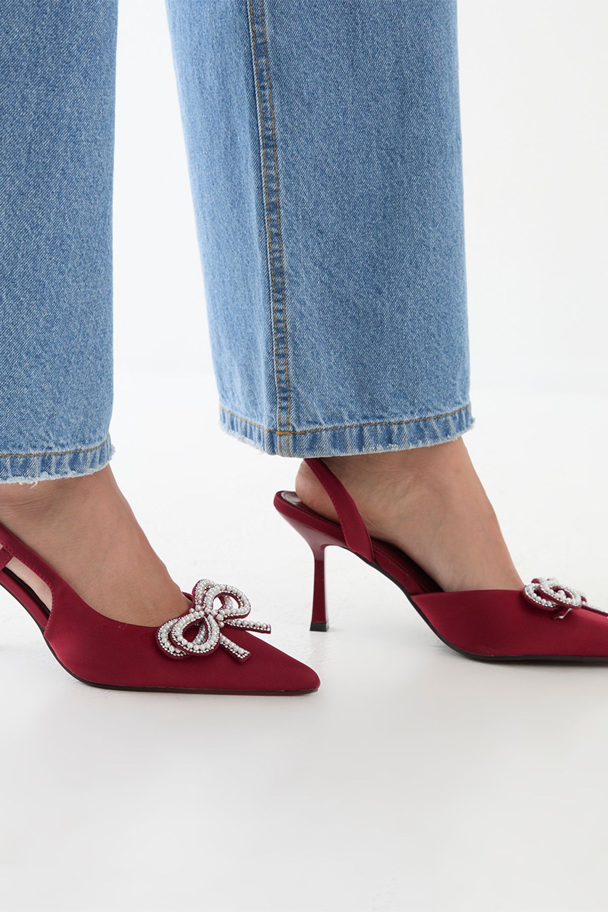 MissPap Pearl Bow Detail High Stiletto Heel Sling Back Court Shoes Red image 4