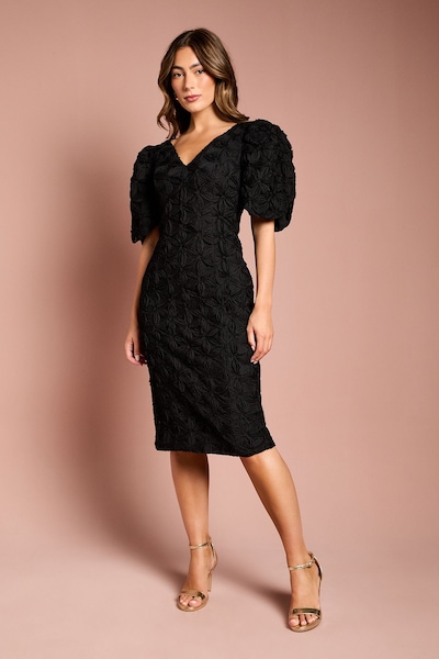 Coast Floral Pleated Sleeve Pencil Dress Black