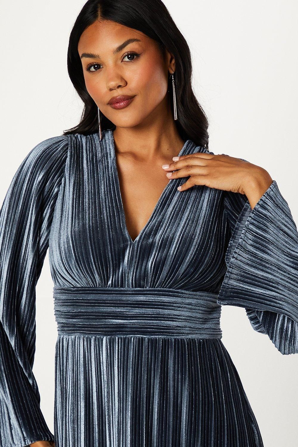 Coast Pleated Velvet Long Sleeve Pencil Dress Steel image 2