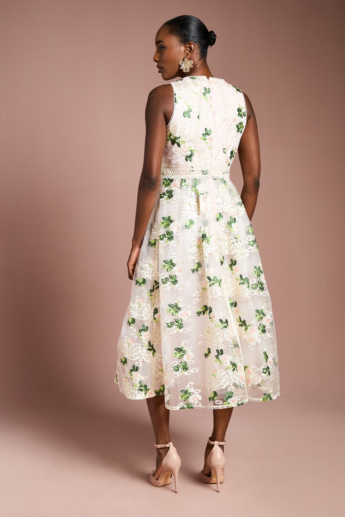 Coast Embroidered Mesh Lace Trim Full Skirted Midi Dress Blush image 3