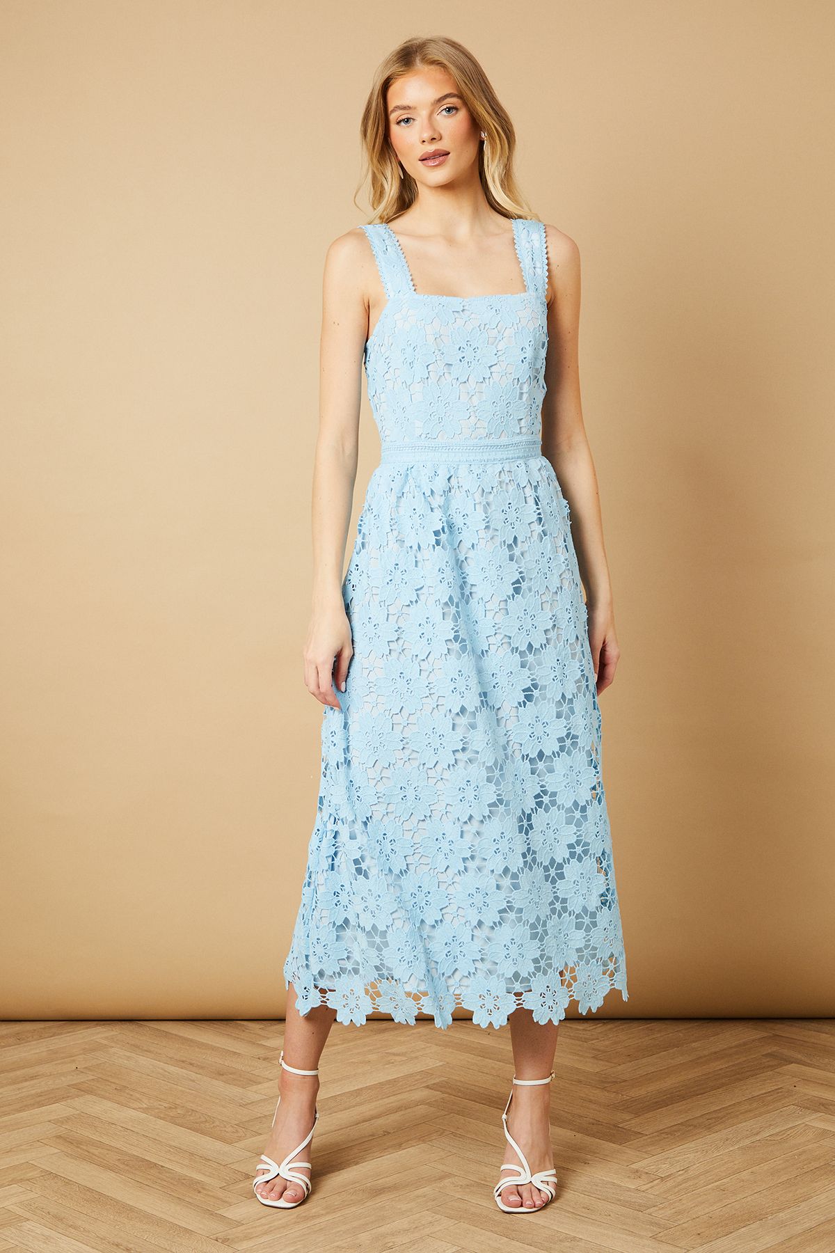 Oasis Floral Lace Detail Square Neck Midi Dress Sky Blue image 1