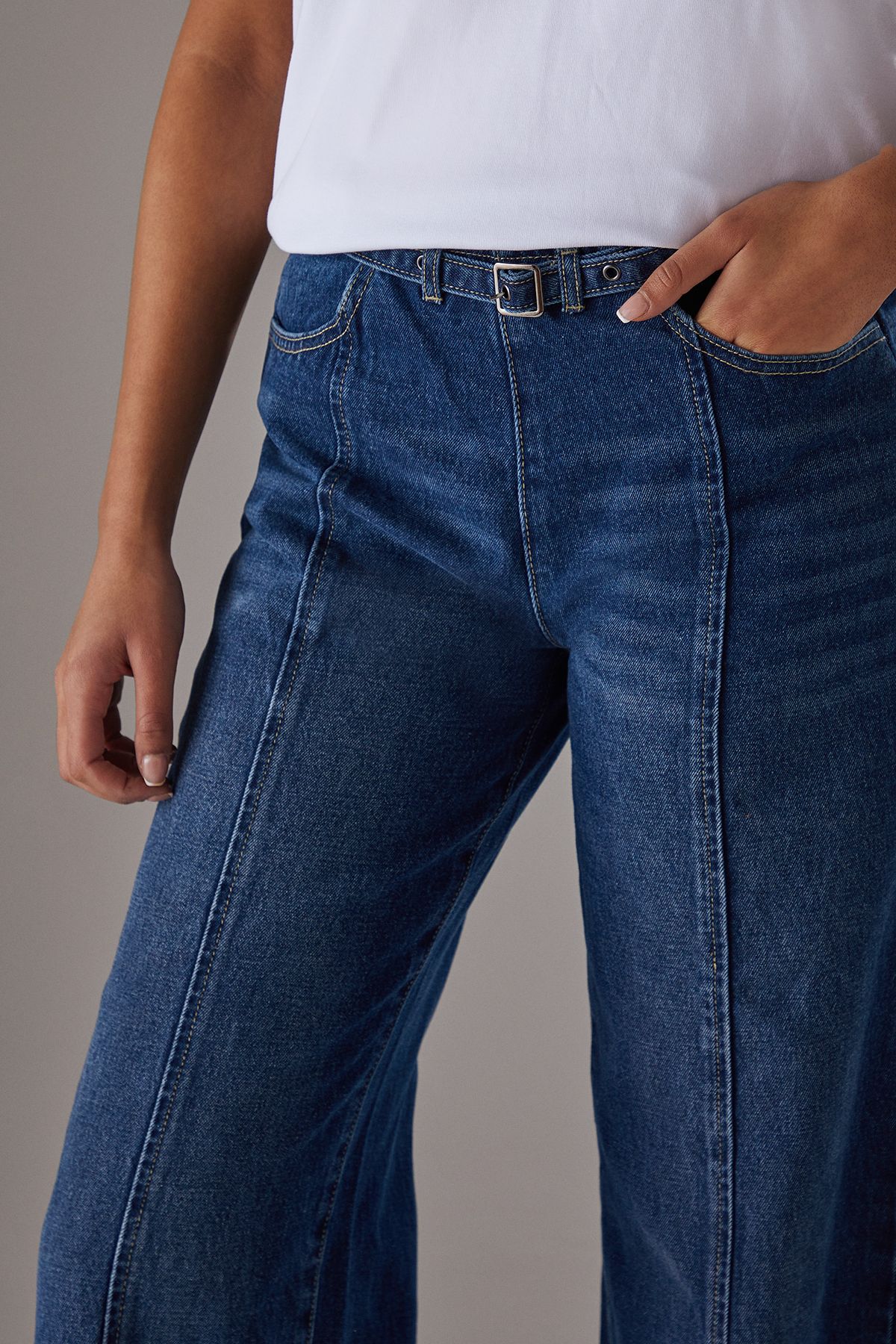 Warehouse Denim Low Rise Seam Detail Belted Wide Leg Jean Mid Wash image 3