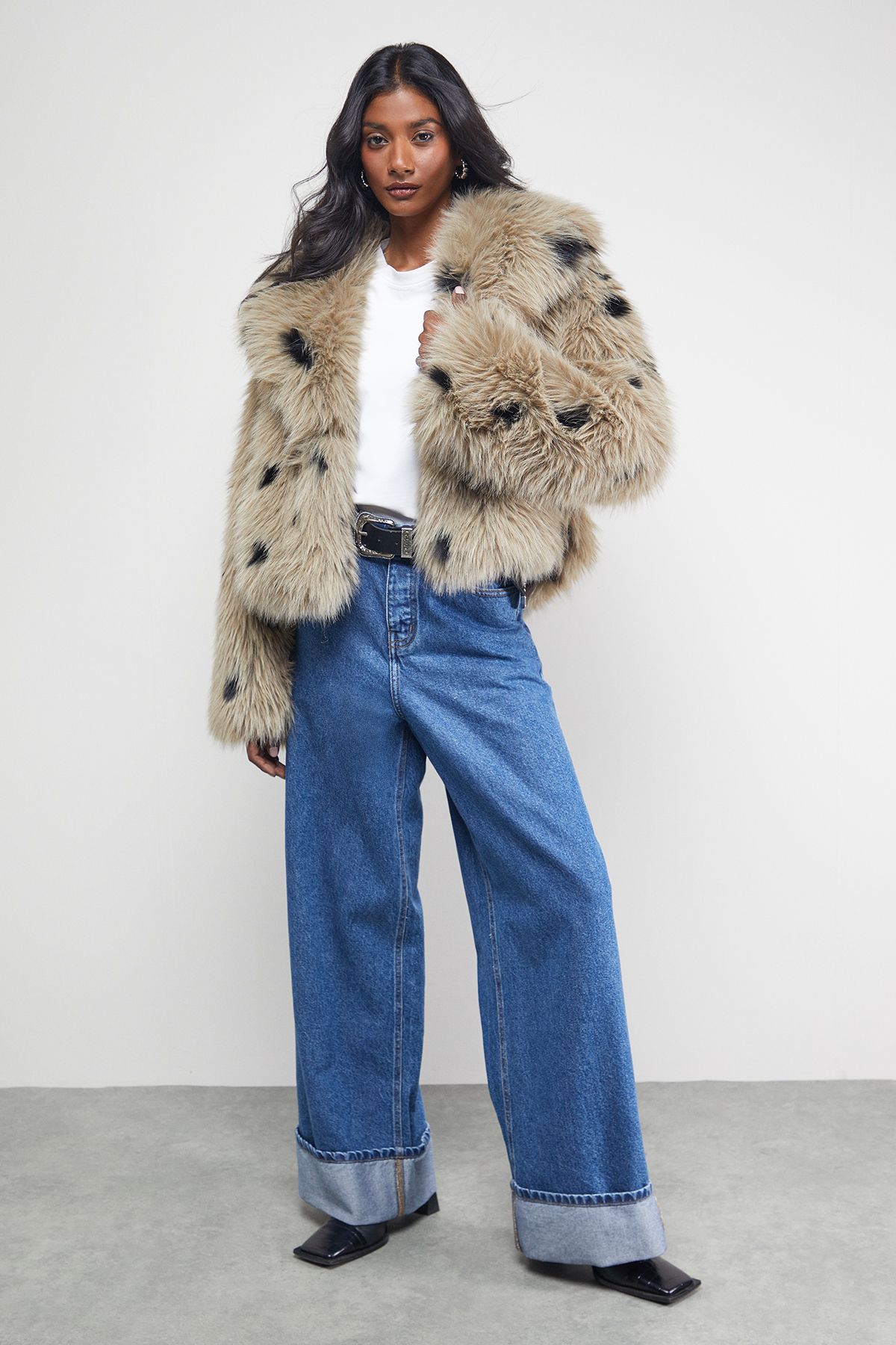 Warehouse Cropped Collared Faux Fur Coat Grey image 2