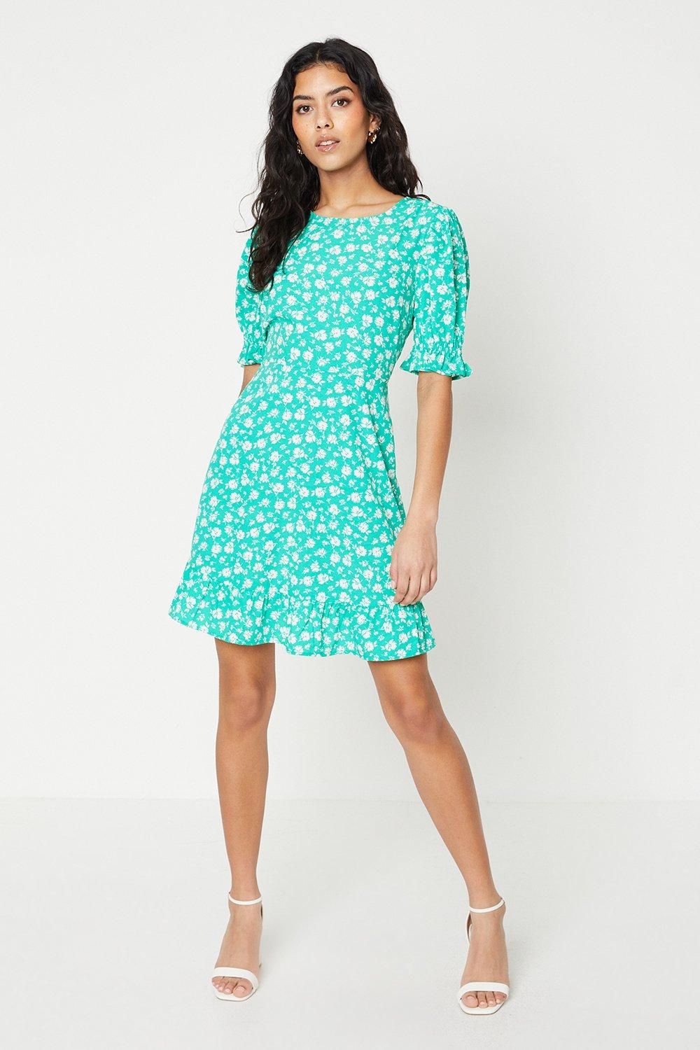 Dorothy Perkins Petite Green Floral Frill Hem Mini Dress Green image 2