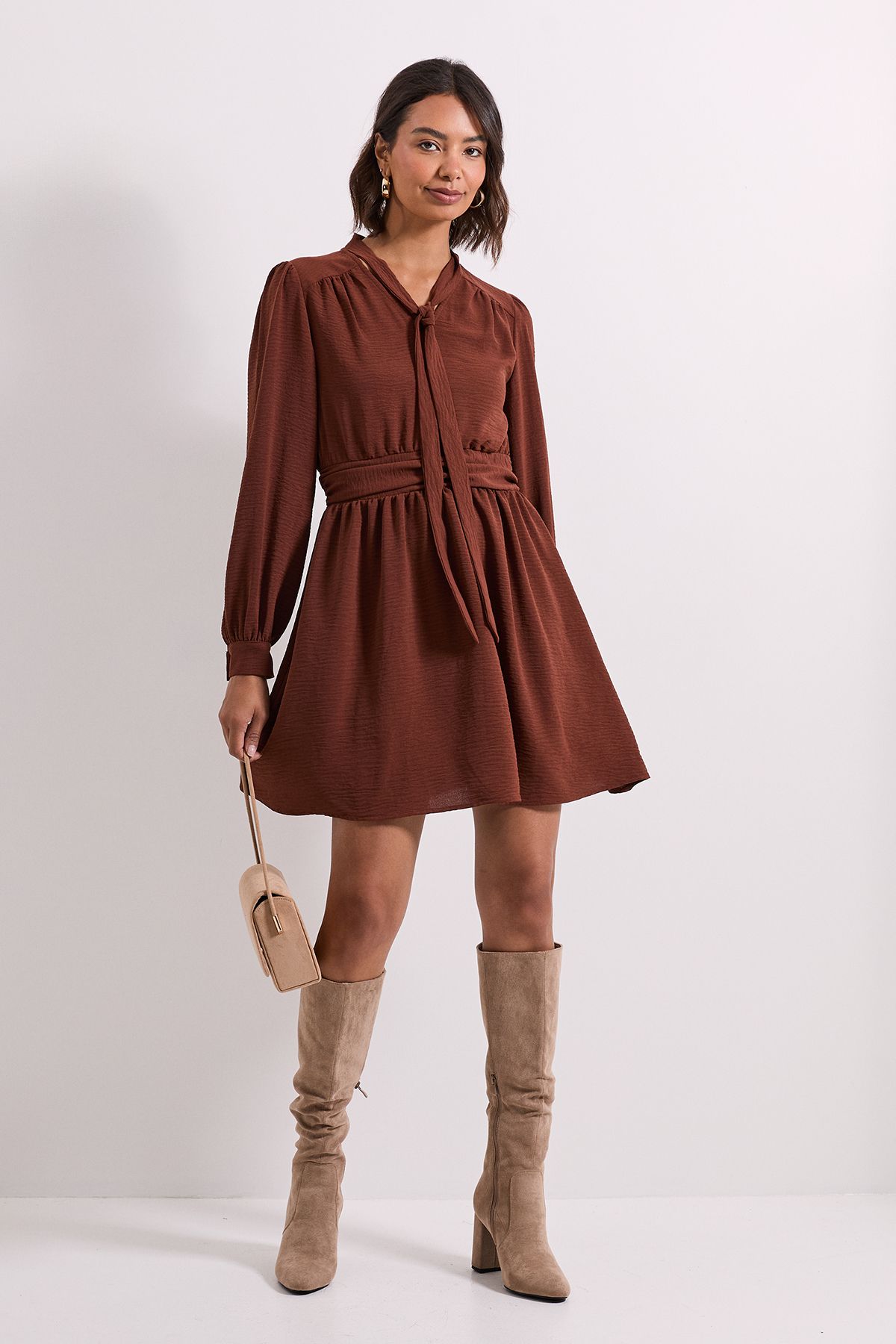 Dorothy Perkins Tie Neck Fit And Flare Mini Dress Chocolate image 2
