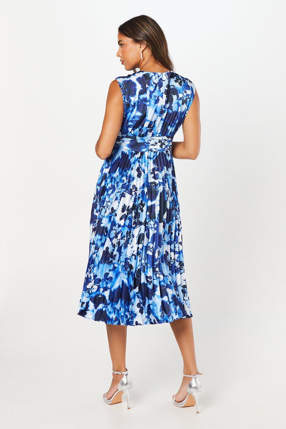 Coast Printed Pleated Satin Midi Wedding Guest Dress Navy image 3