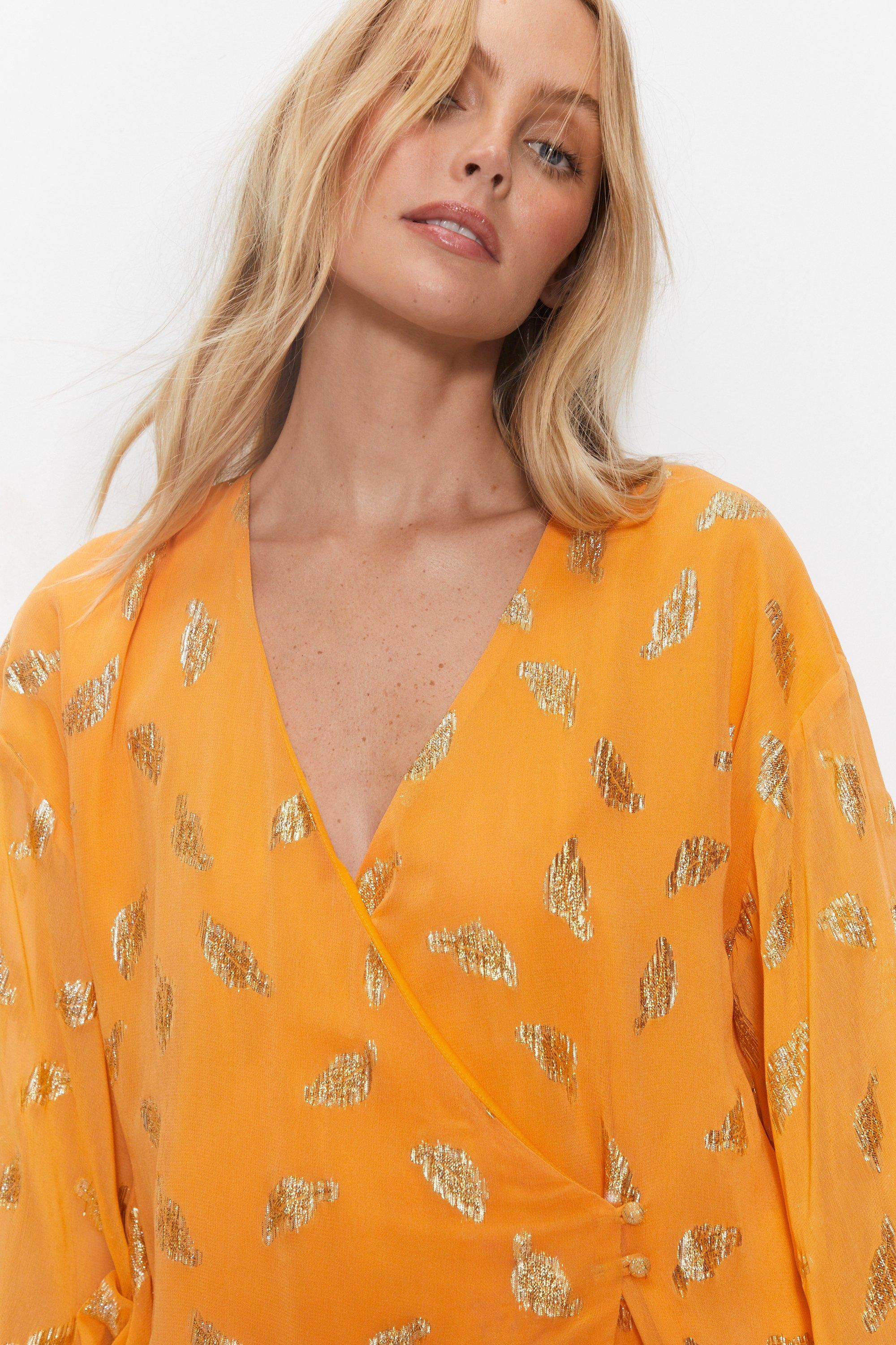 Warehouse Metallic Georgette Wrap Top Orange image 2