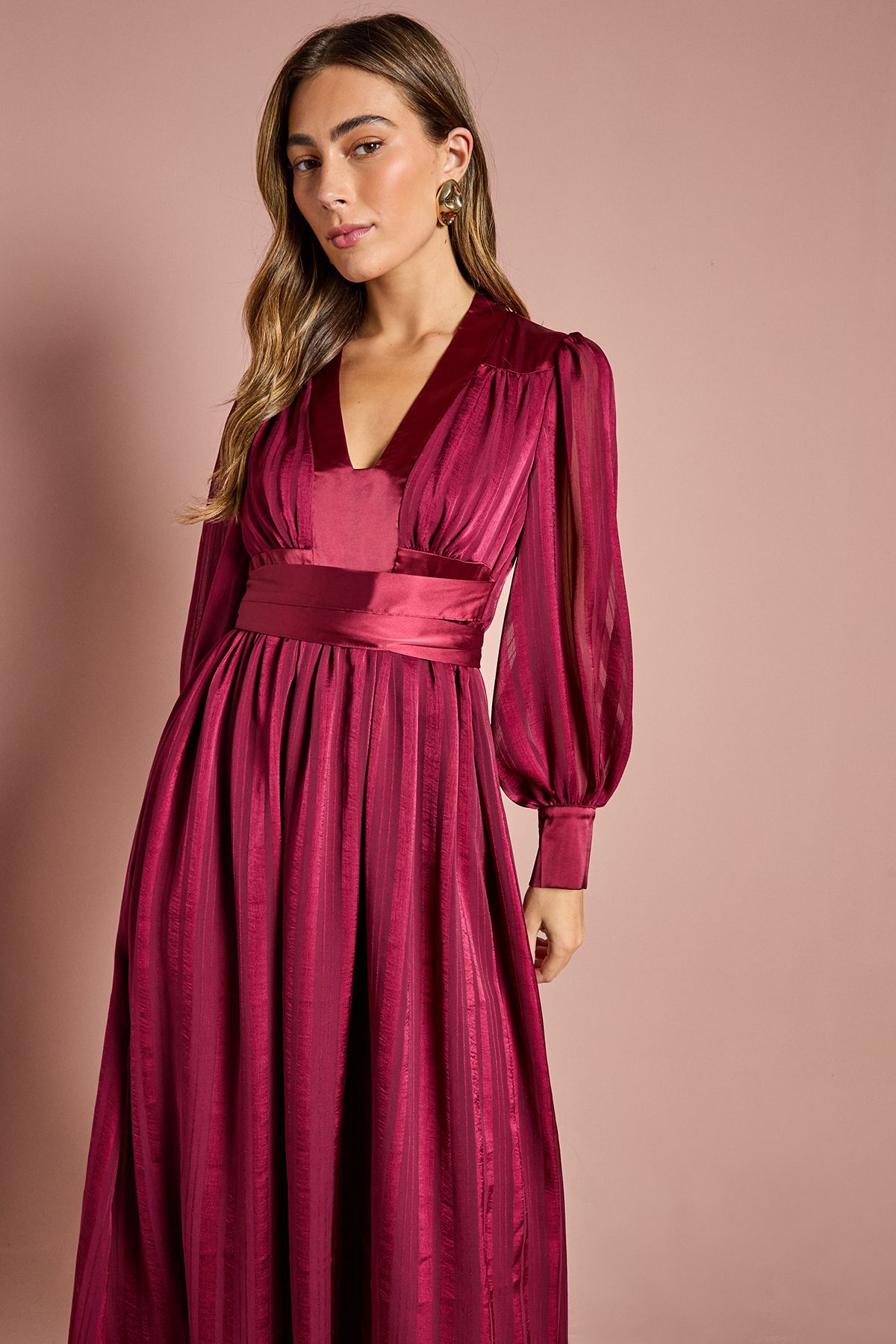 Coast Long Sleeve Stripe Jacquard Maxi V Neck Dress Burgundy image 2