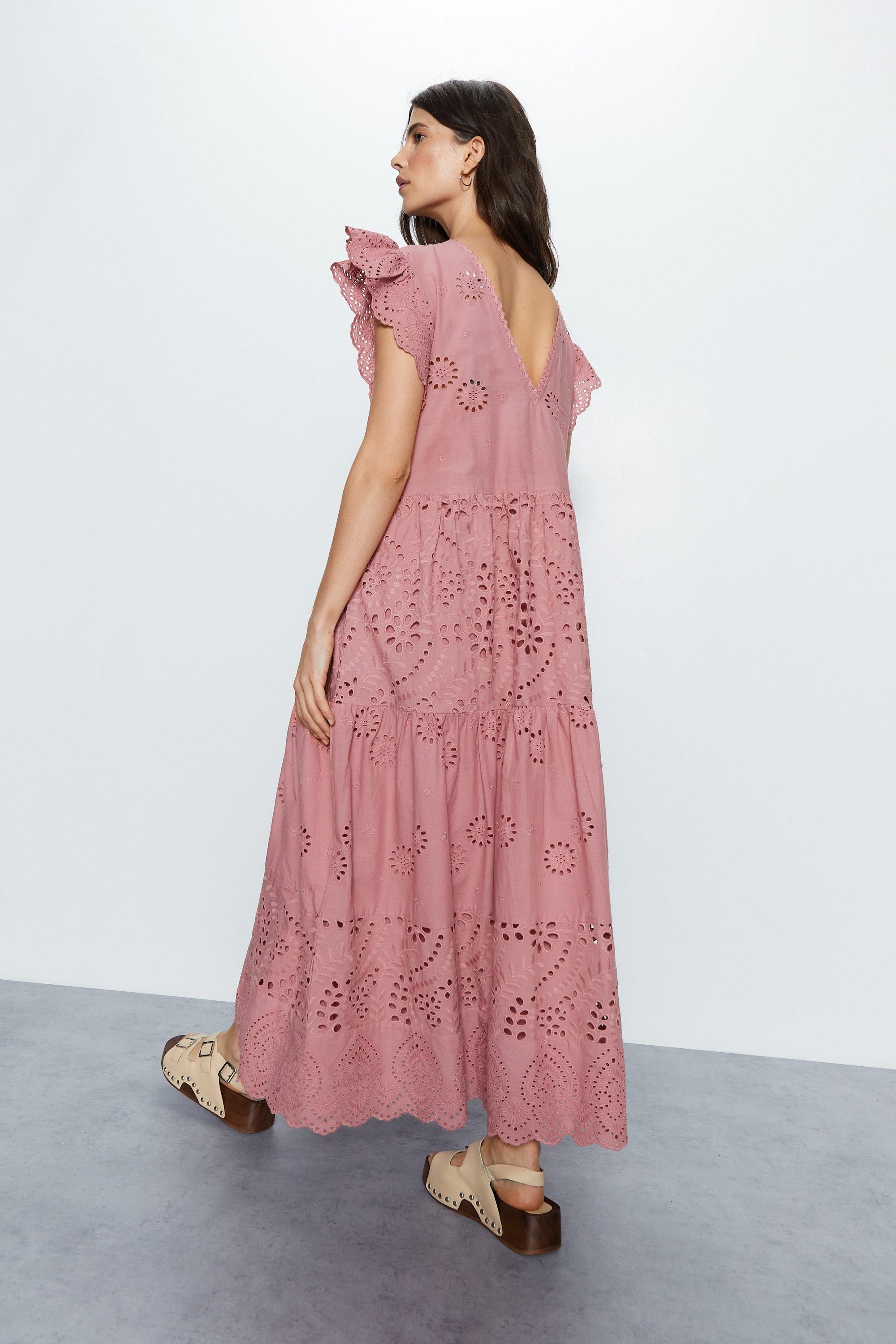 Warehouse Broderie Mix Tiered Midi Dress Rose image 5