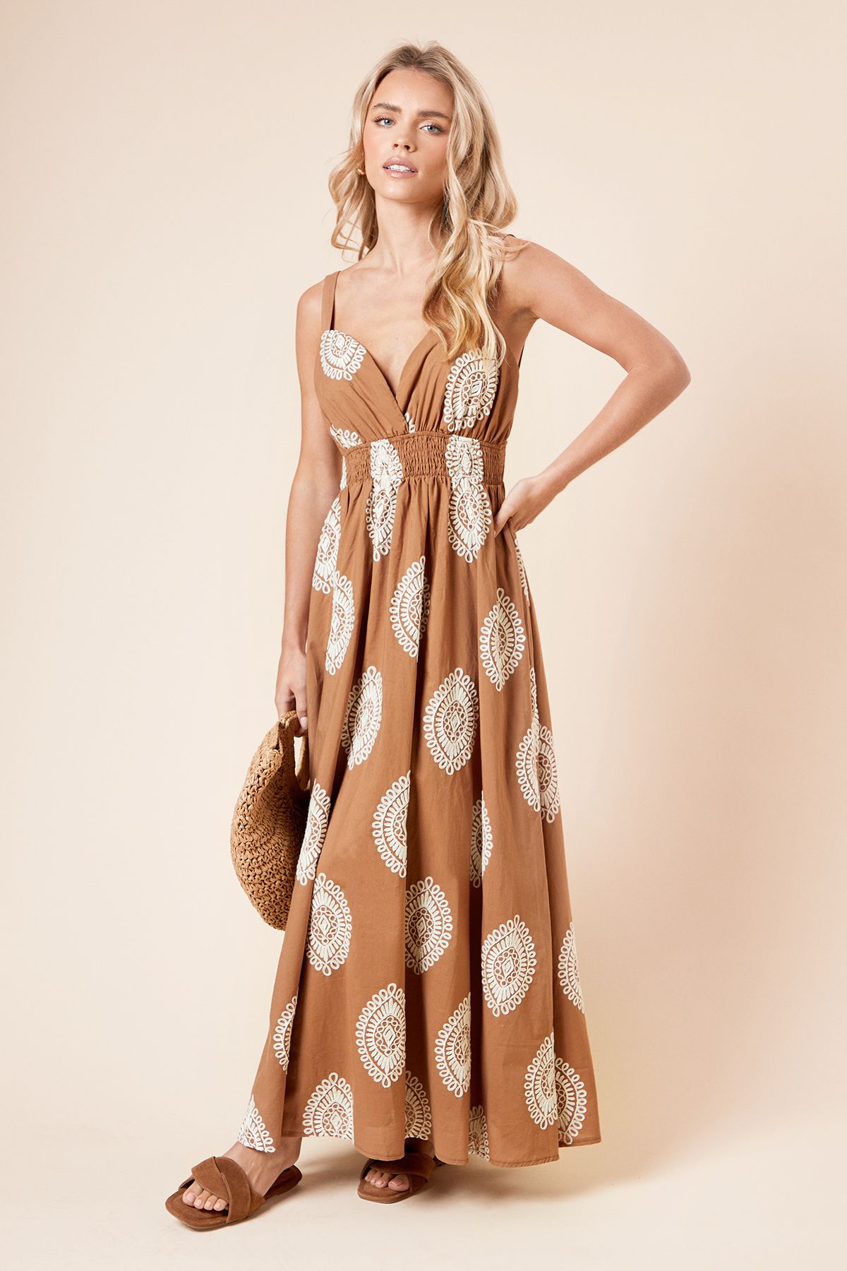 Dorothy Perkins Petite Brown Embroidered Midi Dress Brown