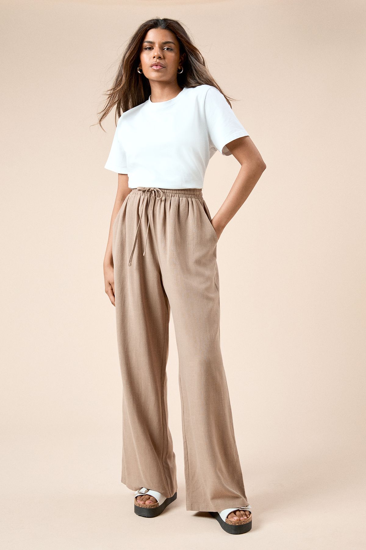Dorothy Perkins Petite Tie Waist Woven Trousers Taupe