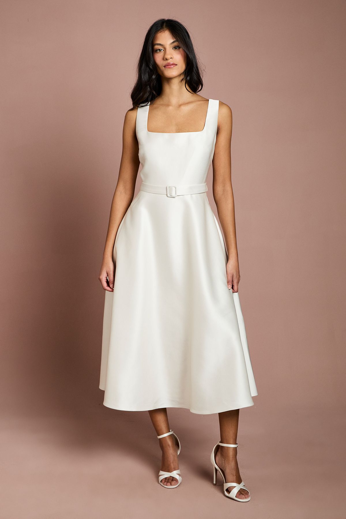 Coast Petite Belted Twill Midi Dress Champagne