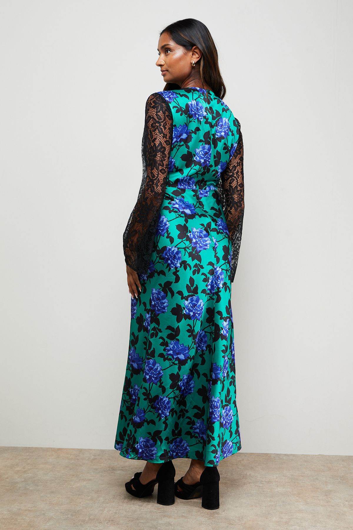 Oasis Printed Lace Bodice V Neck Satin Midi Dress Floral image 3