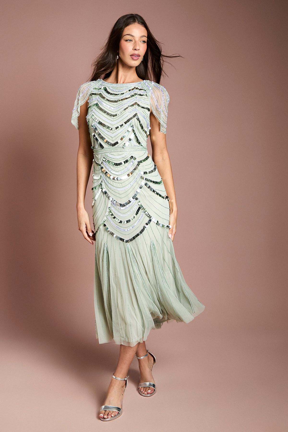 Coast Cape Shoulder Embellished Midi Dress Sage