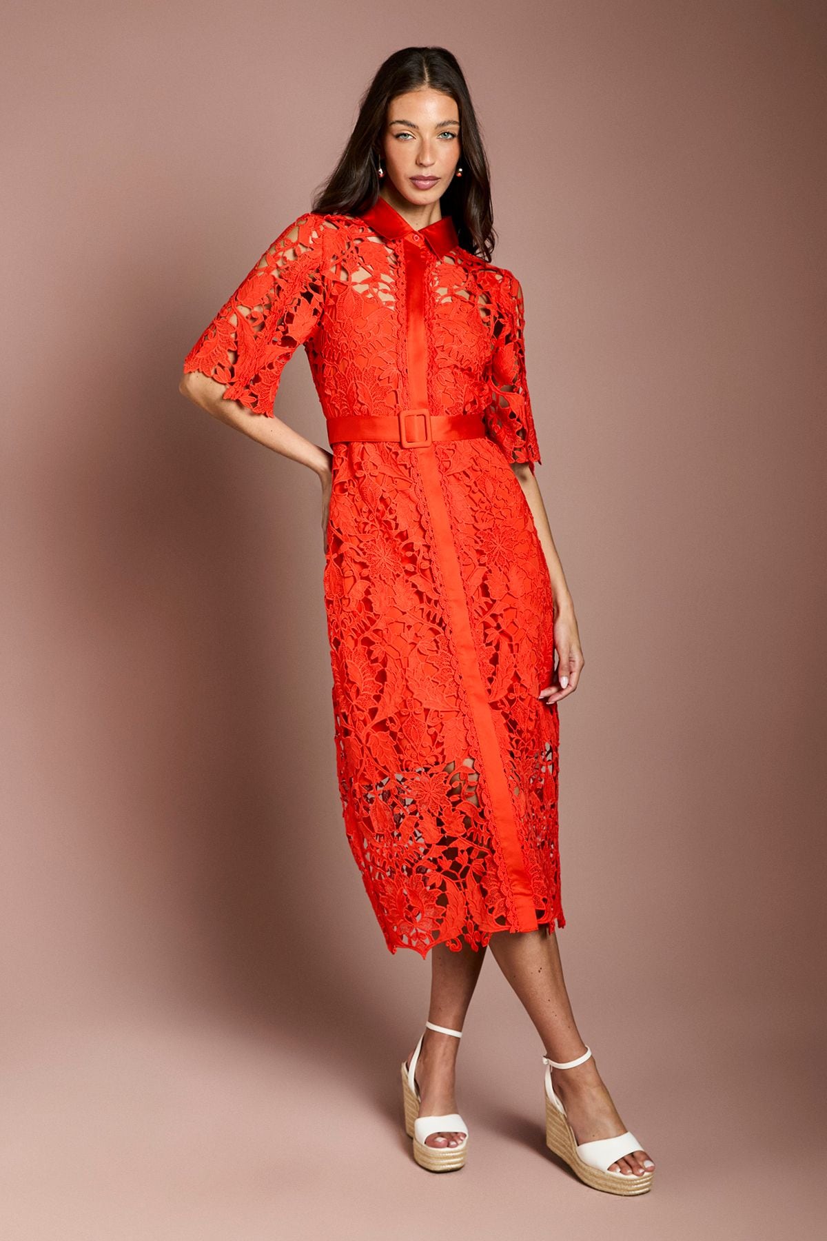 Coast Lace Shirt Dress With Short Sleeves Flame Red