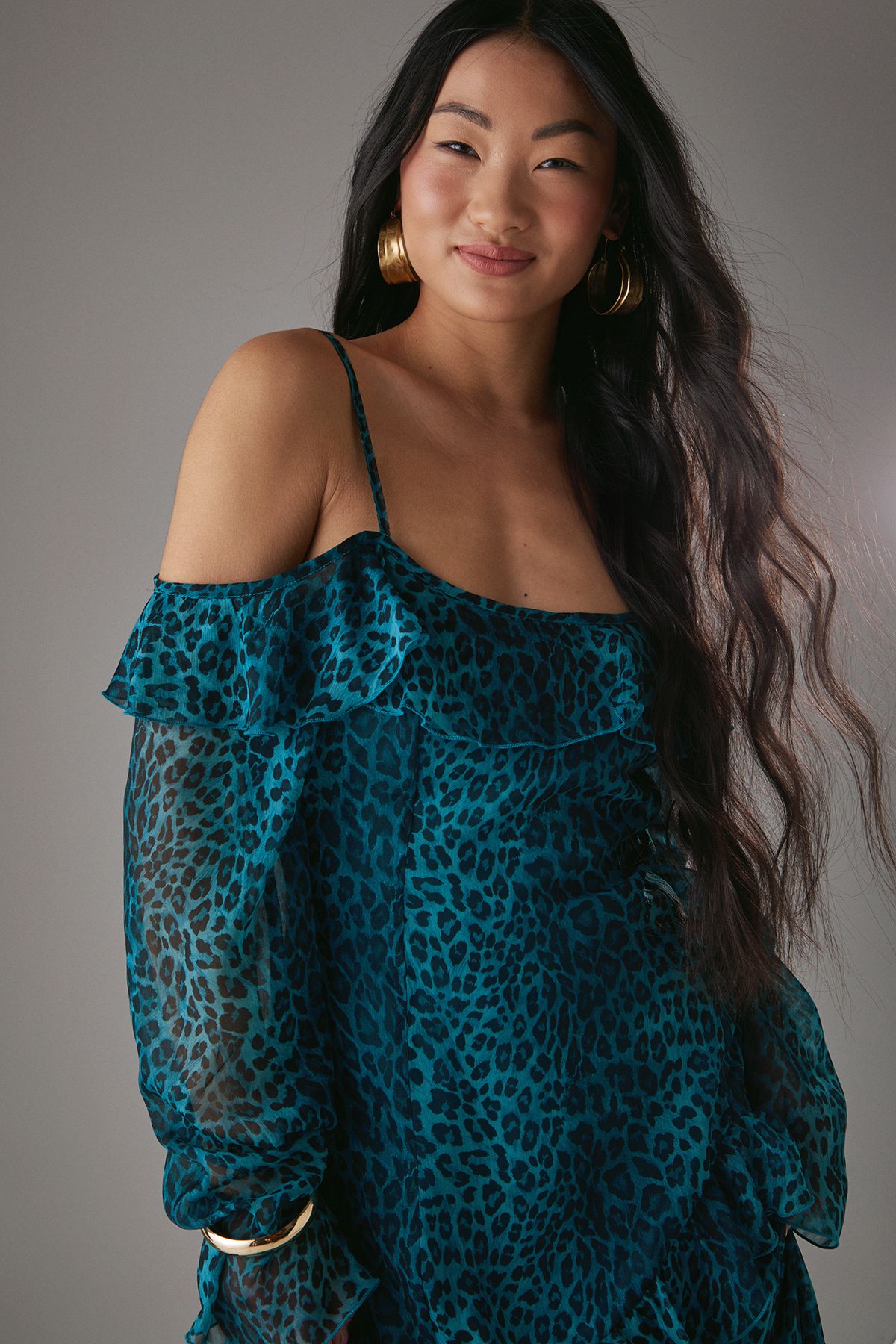 Warehouse Petite Chiffon Ruffle Cold Shoulder Midi Dress Leopard image 4