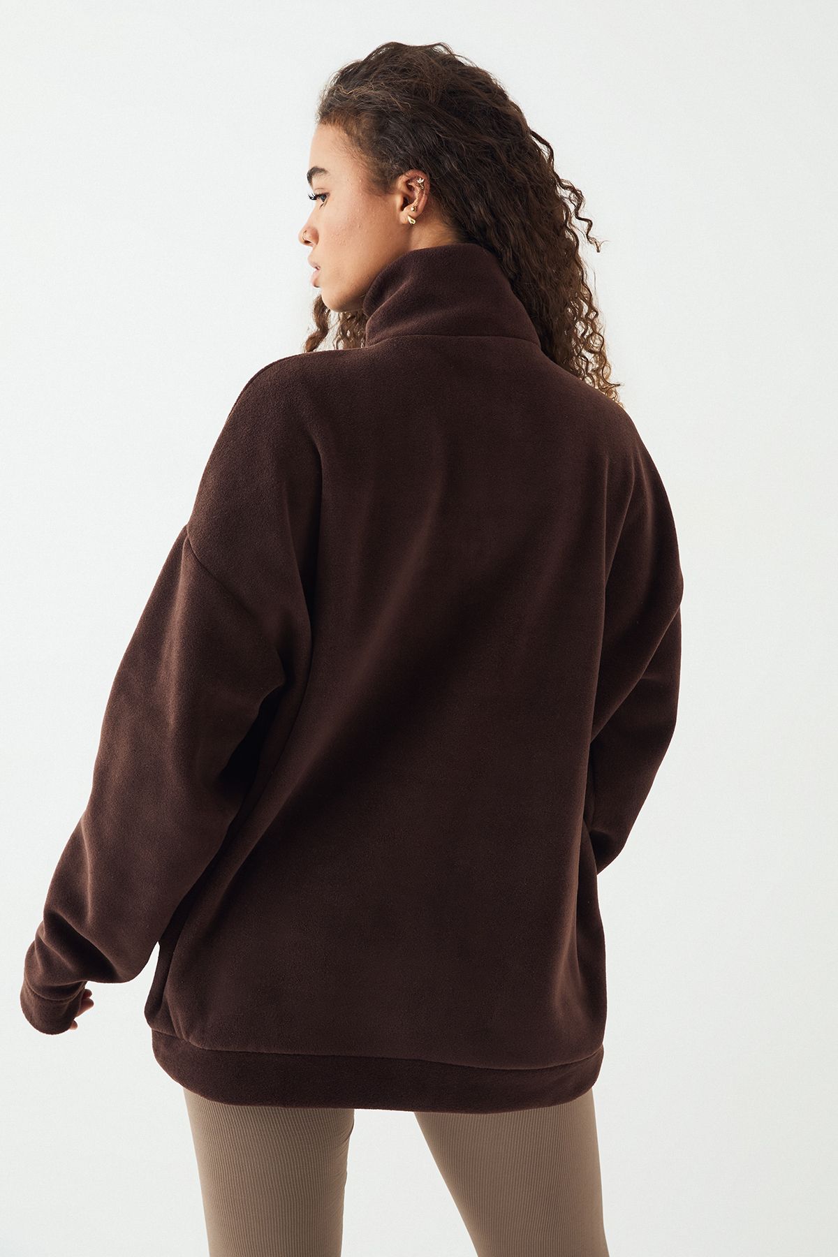 DSGN Studio DSGN Studio Slogan Embroidered Half Zip Oversized Polar Fleece Sweatshirt Chocolate image 2