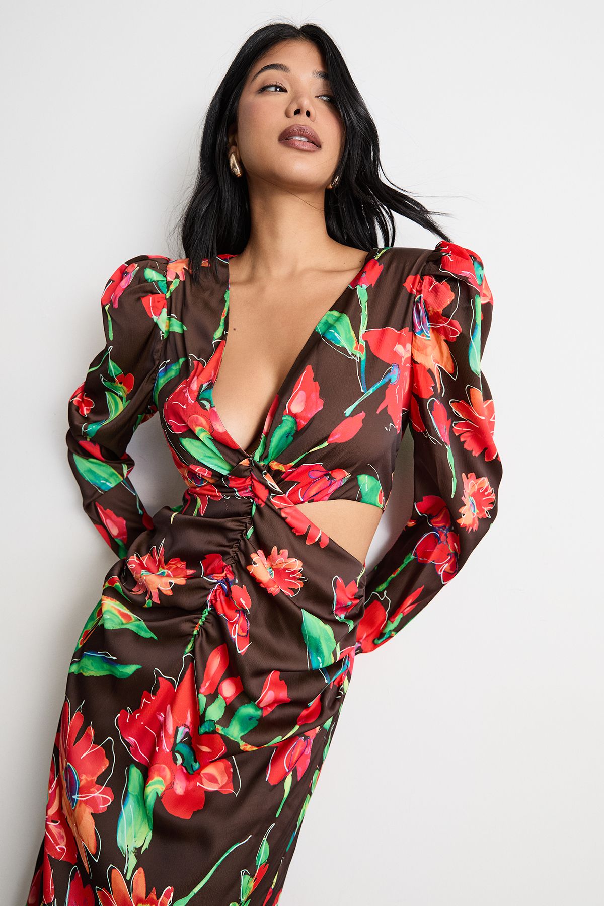 Warehouse Satin Cut Out Waist Plunge Neck Midi Dress Chocolate image 2