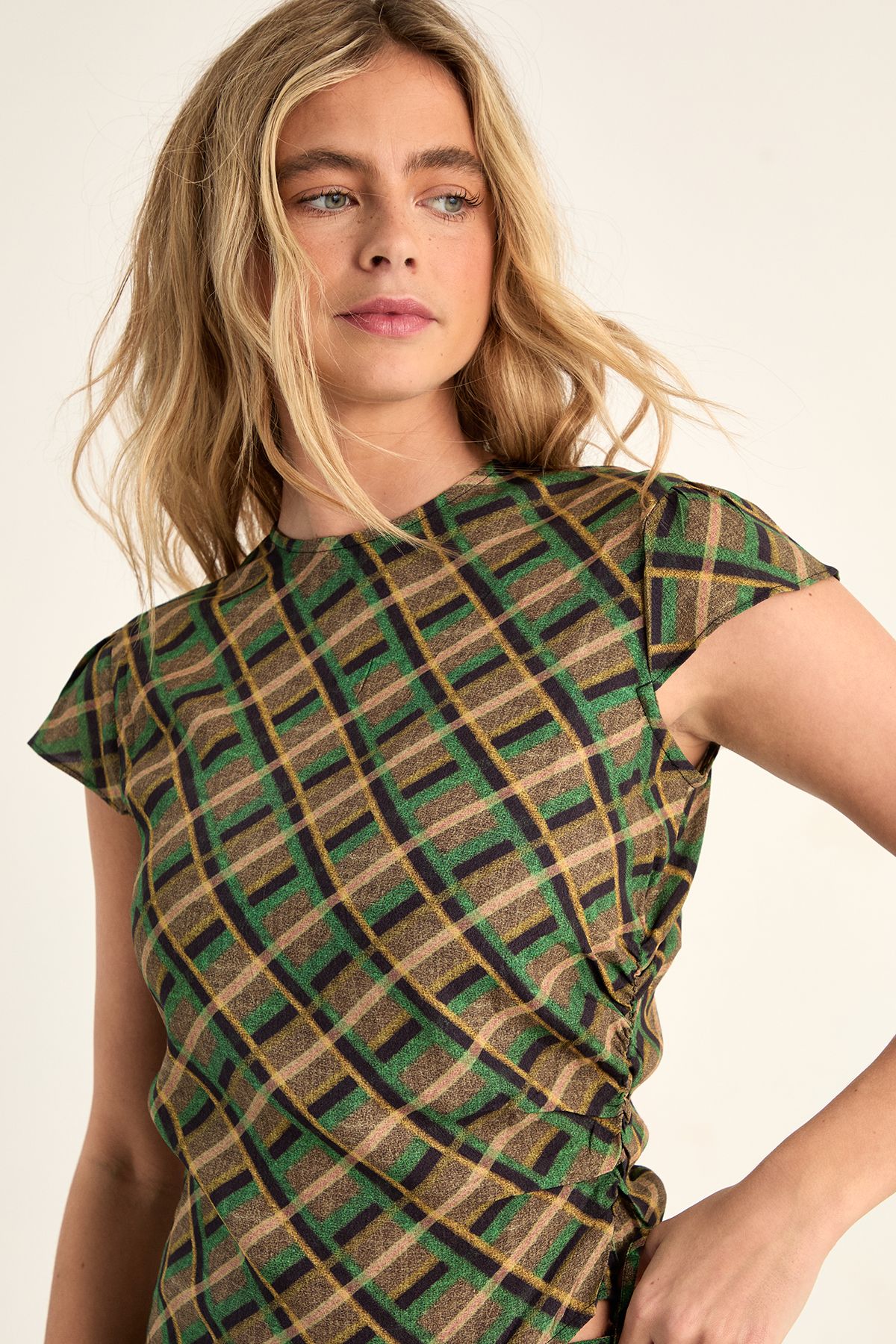 NastyGal Check Asymmetric Cap Sleeve Top Green image 3