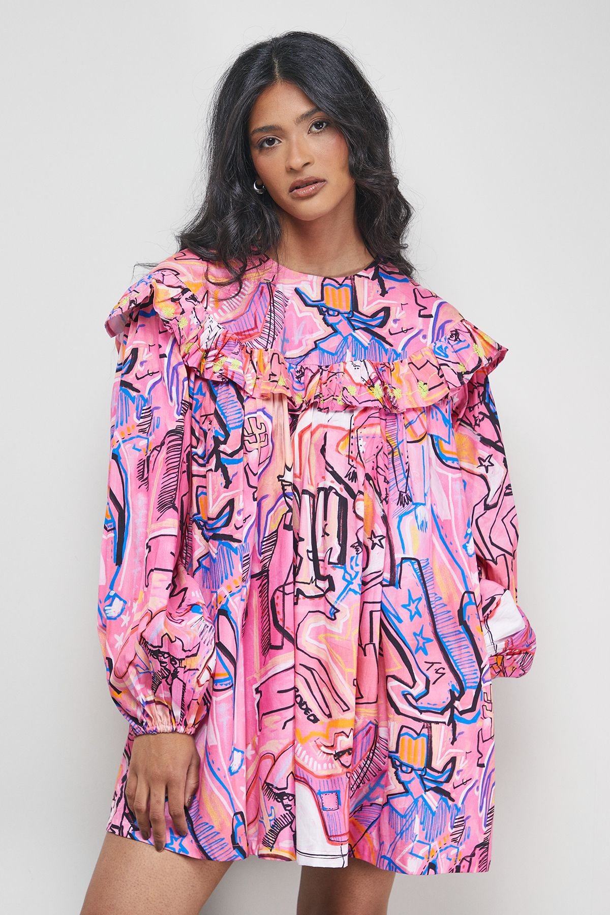 Warehouse Tony Rodeo Cotton Frill Yoke Mini Smock Dress Multi image 3