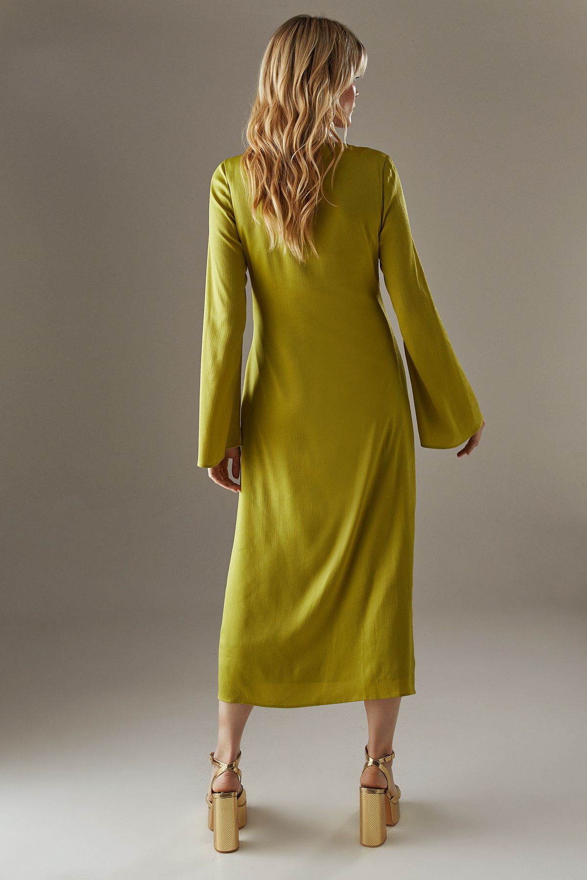 Warehouse Crinkle Satin Ruched Front Column Midi Dress Chartreuse image 3