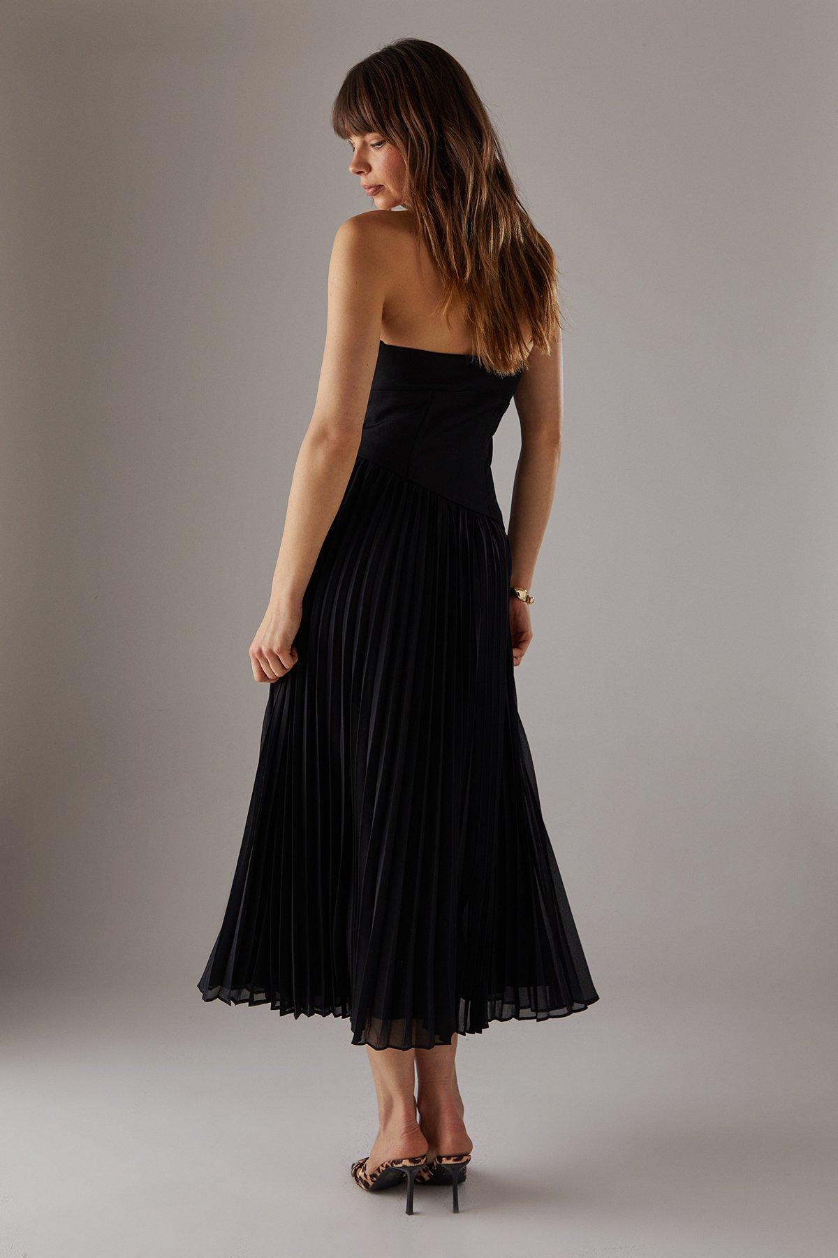 Warehouse Bandeau Bodice Pleated Chiffon Midi Dress Black image 3