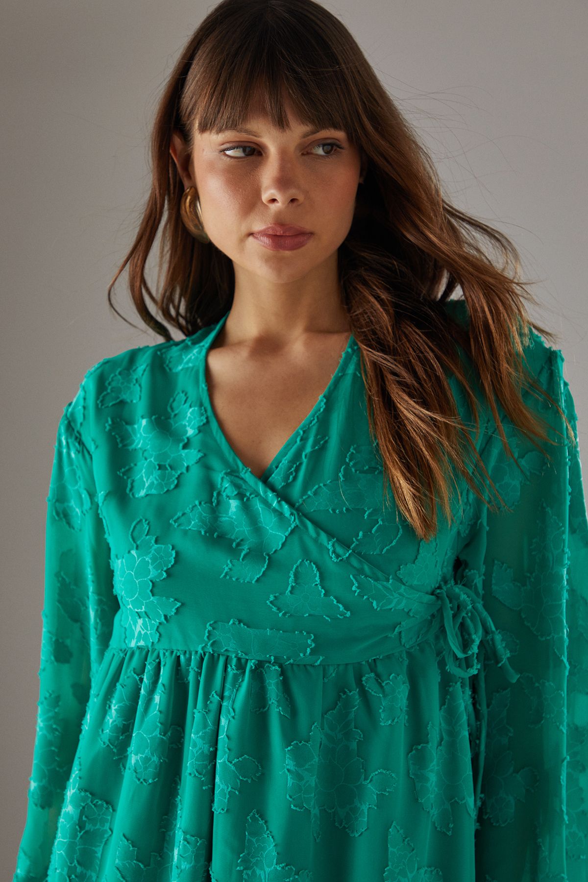 Warehouse Burnout Chiffon Wrap Smock Midi Dress Green image 4