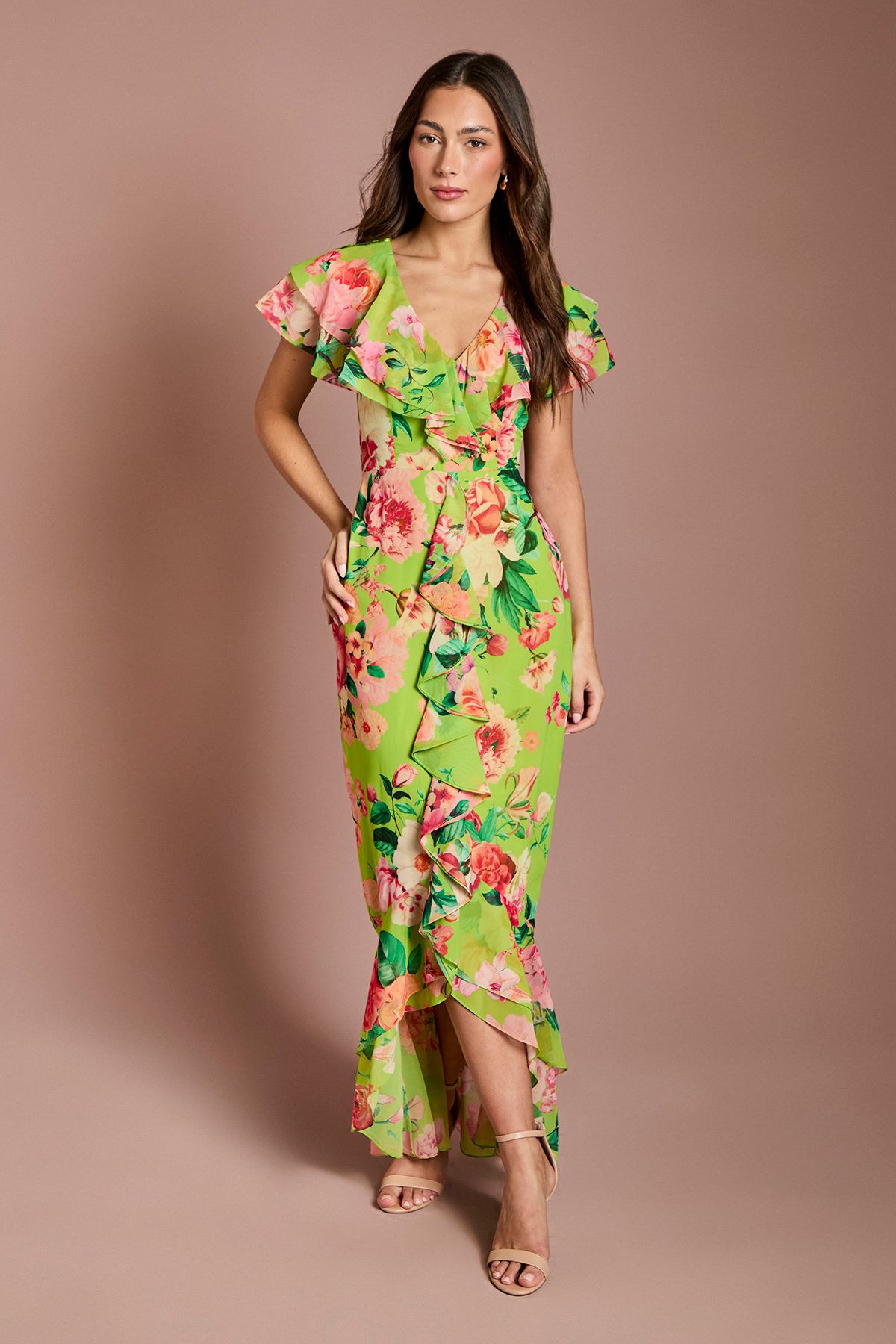 Coast Short Sleeve Floral Print Chiffon Maxi Dress With Frills Lime