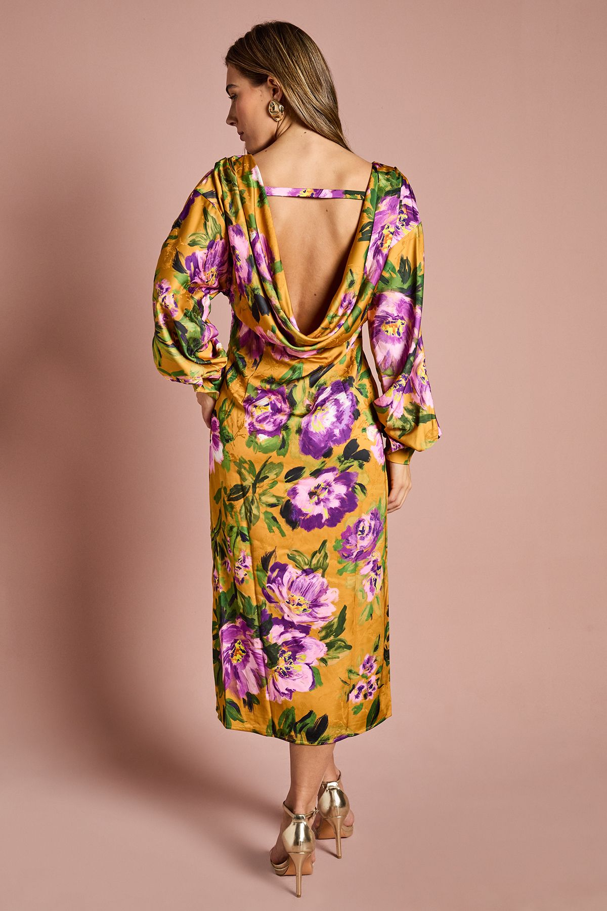 Coast Printed Long Sleeve Satin Maxi Dress With Cowl Back Chartreuse image 3