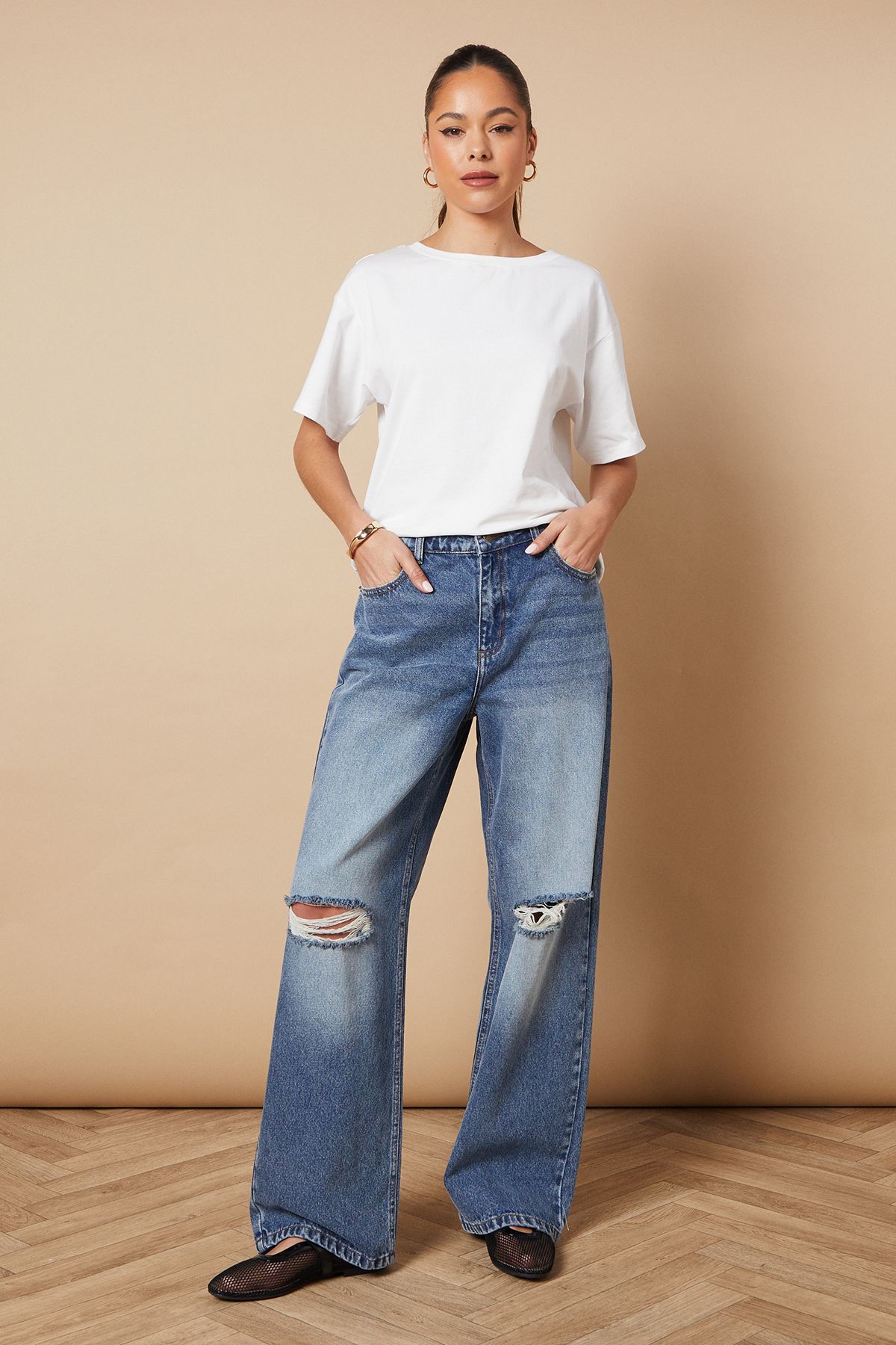 Oasis Denim Straight Leg Jean With Rips Vintage Blue image 4