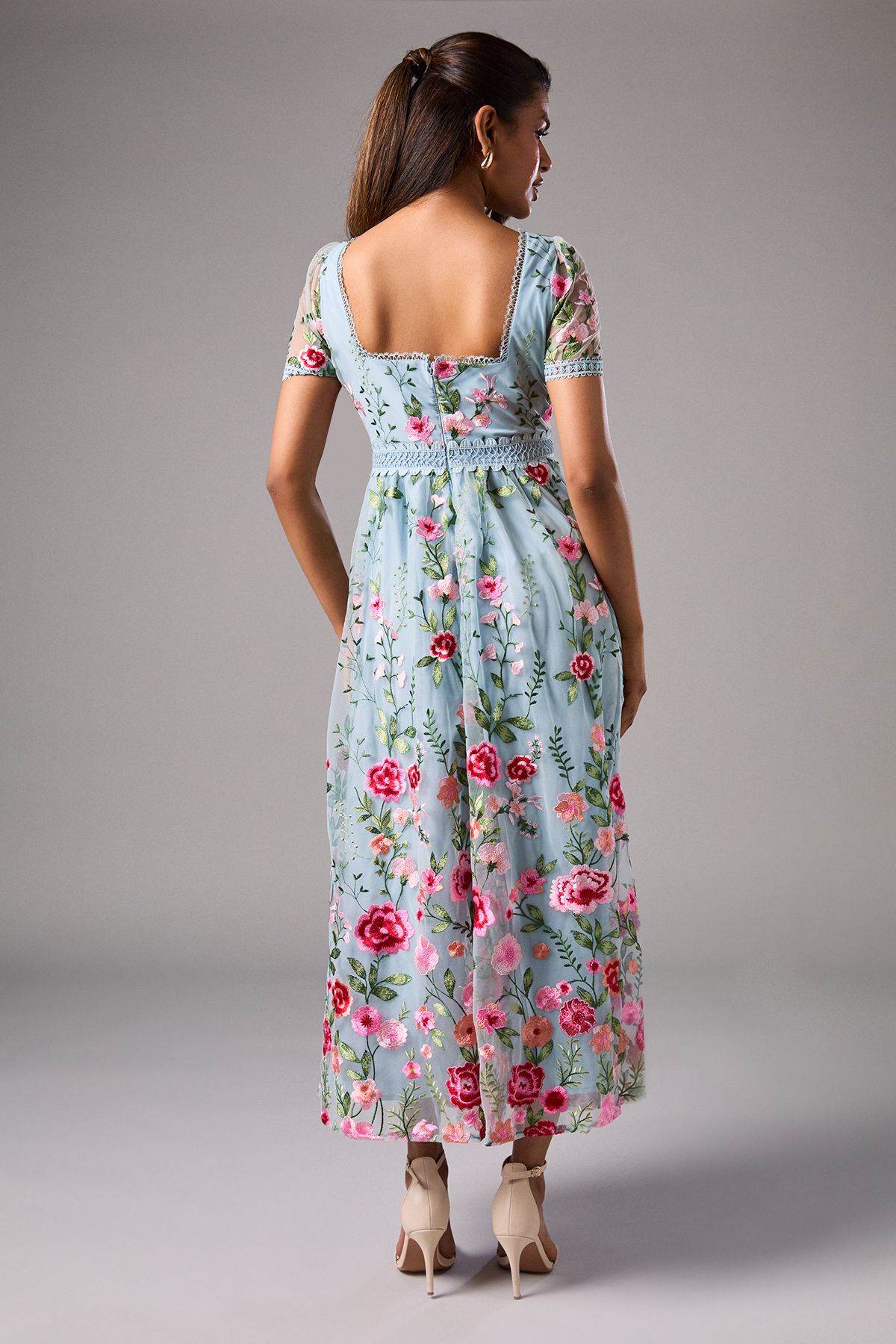 Coast Petite Embroidered Mesh Midi Dress With Lace Trim Blue image 3