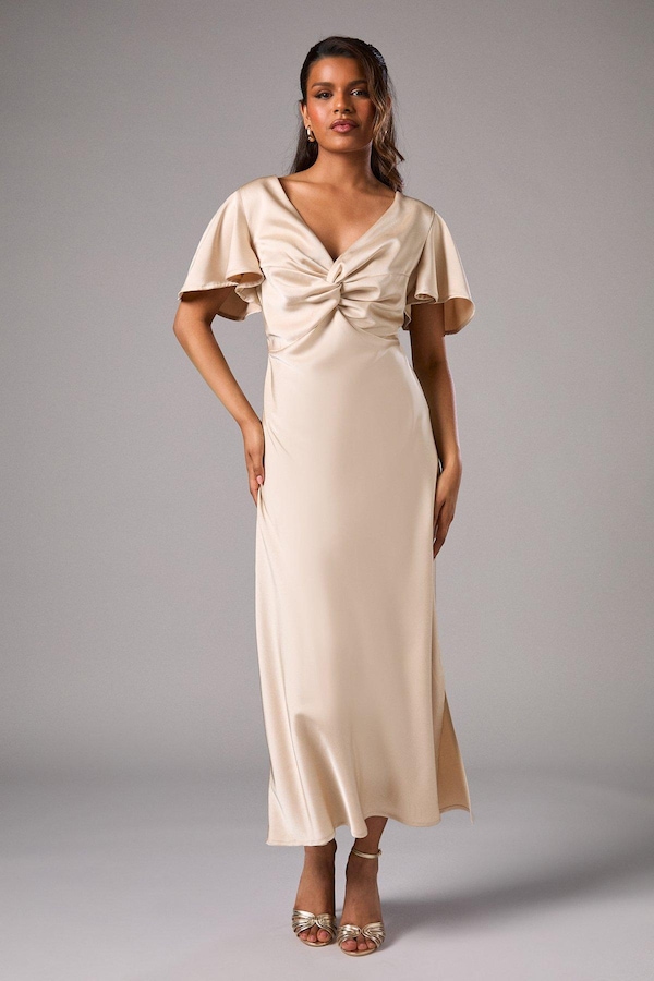 Oasis Petite Satin Twist Angel Sleeve Midi Bridesmaids Dress Champagne