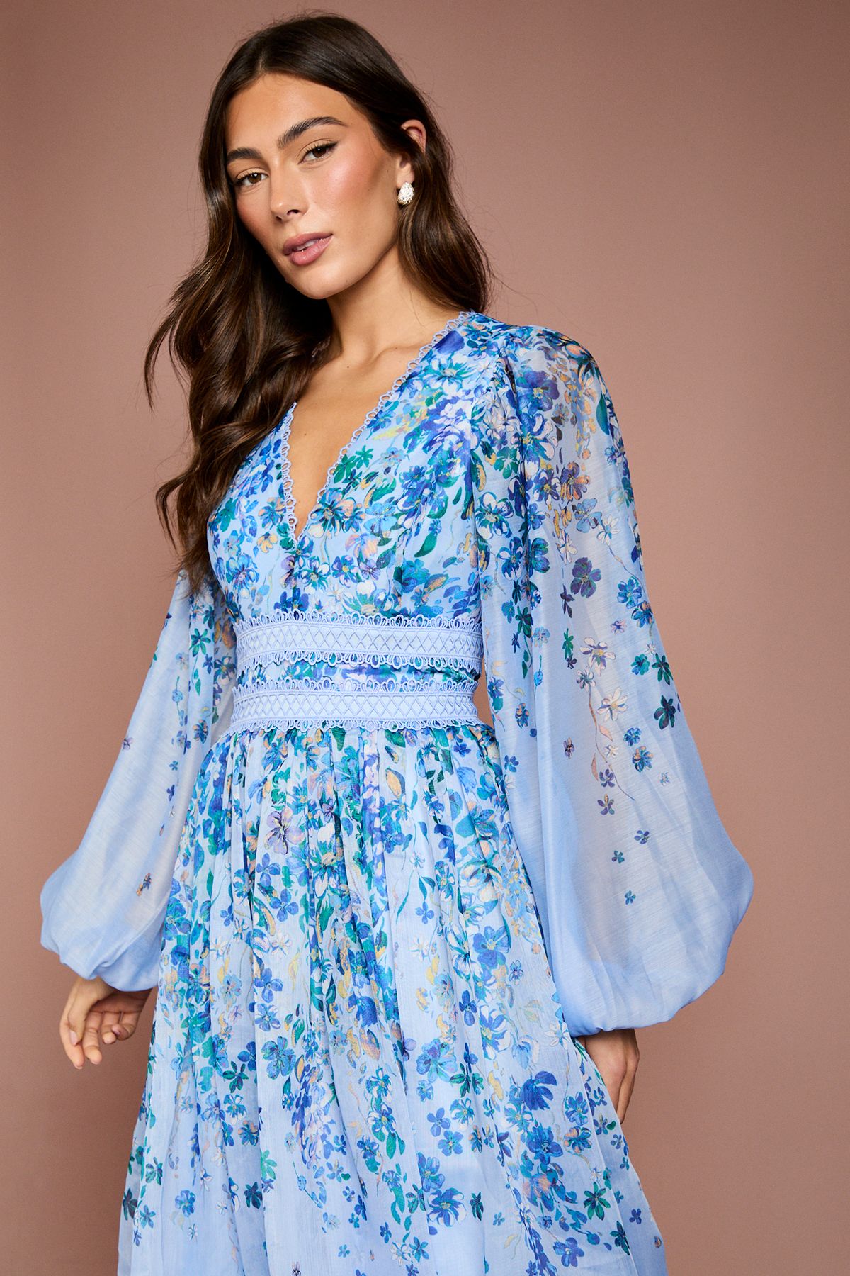 Coast Organza Floral Placement Lace Trim Midaxi Dress Light Blue image 2