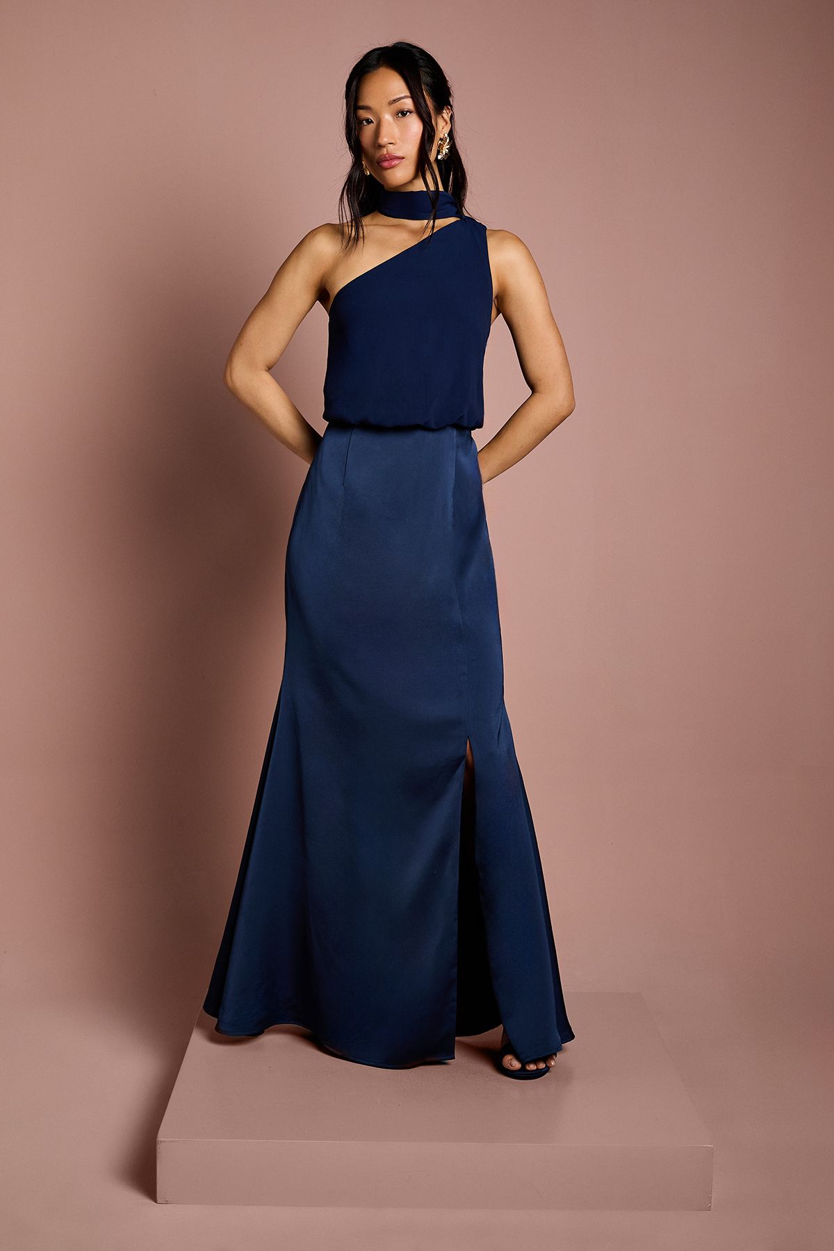 Coast One Shoulder Maxi Bridesmaid Dress with Neck Scarf Navy