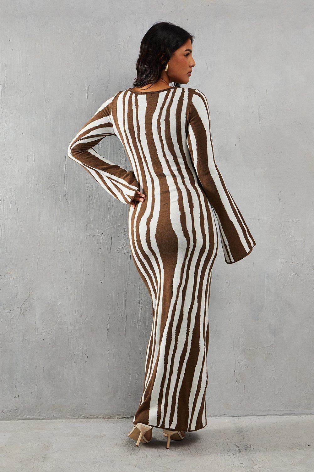 MissPap Knitted Printed Flute Sleeve Midaxi Dress Chocolate image 3