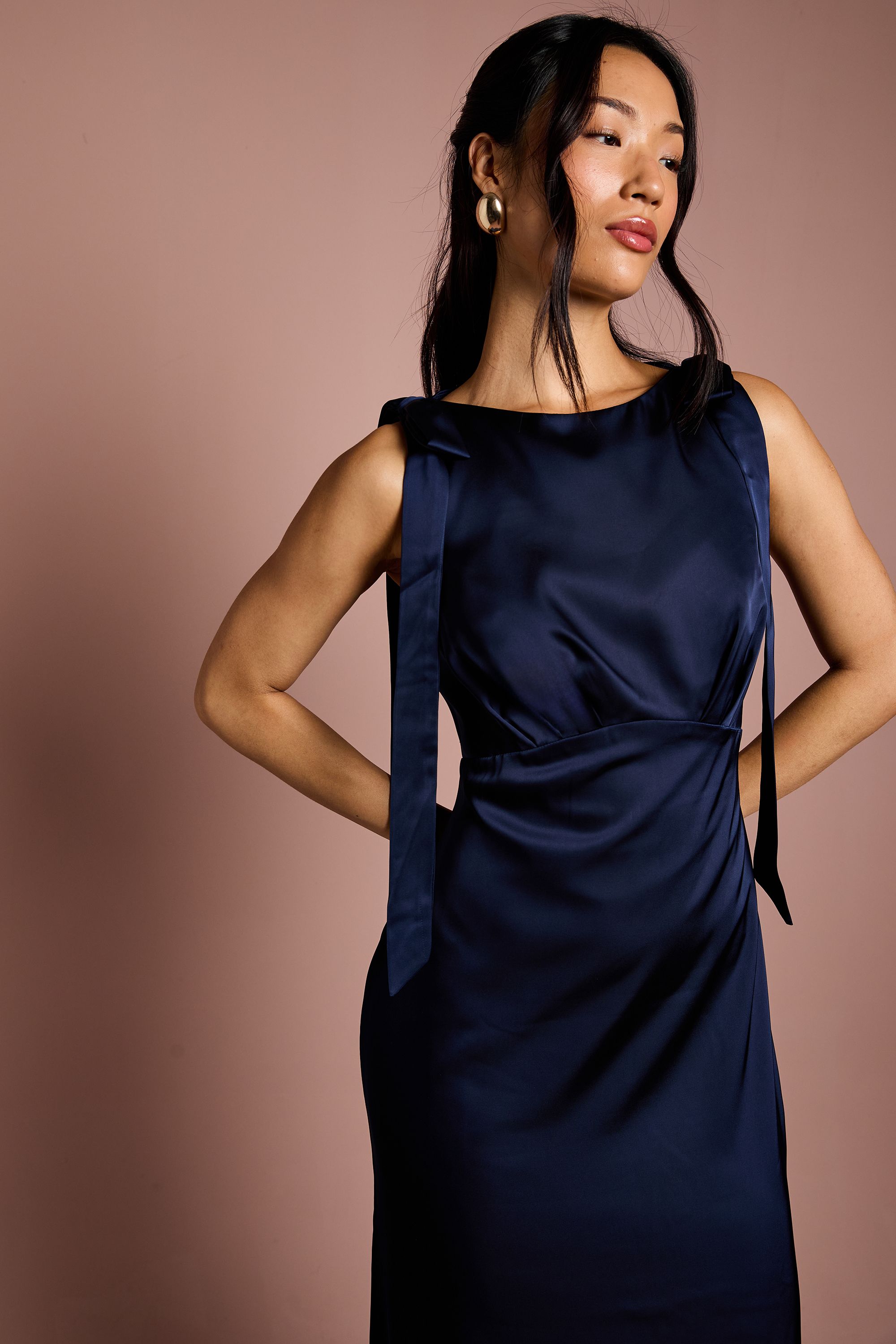 Coast Coast Honoured Sleeveless High Neck Tie Shoulder Satin Maxi Bridesmaid Dress Navy image 4