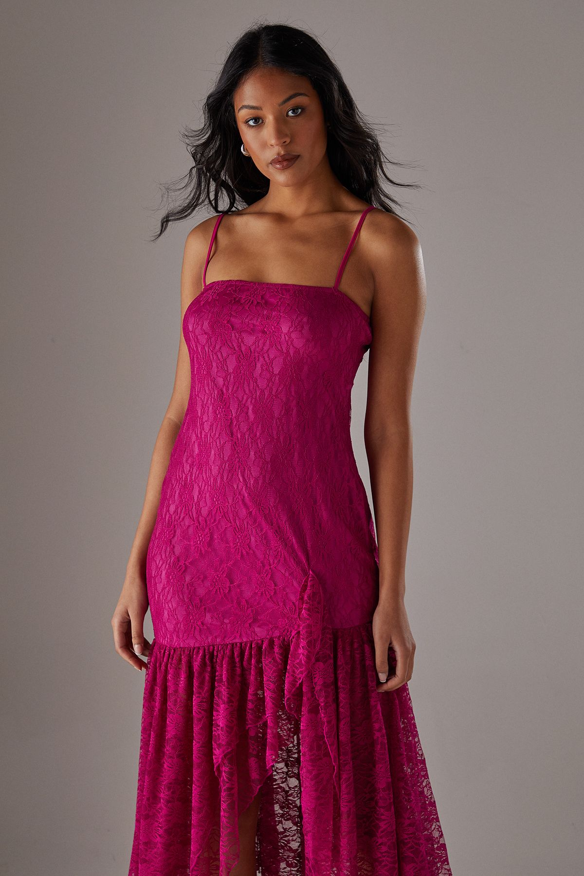 Warehouse Lace Strappy Drop Waist Ruffle Midi Dress Magenta image 2