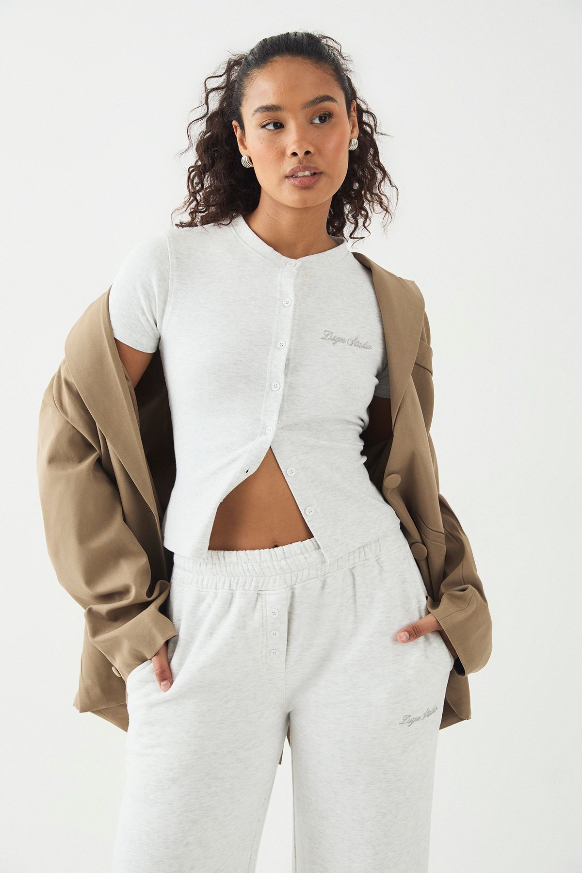 DSGN Studio DSGN Studio Script Embroidery Ribbed Button Through Short Sleeve Top Ash Grey image 1