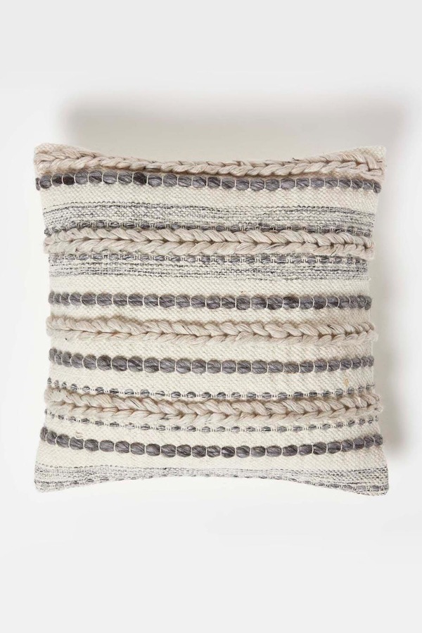 Homescapes Fyn Handwoven Braided Beige & Grey Kilim Cushion