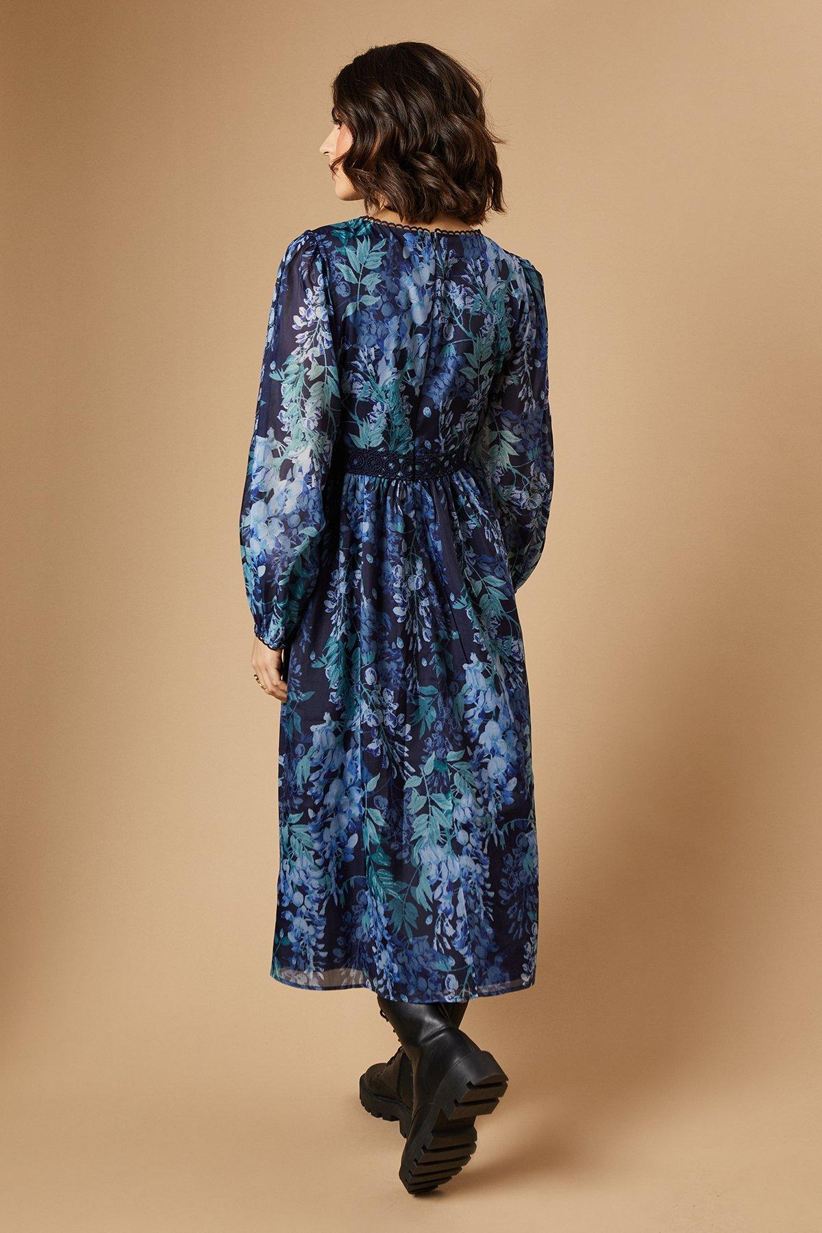 Oasis Floral Printed Organza Lace Trim Midaxi Dress Navy image 3