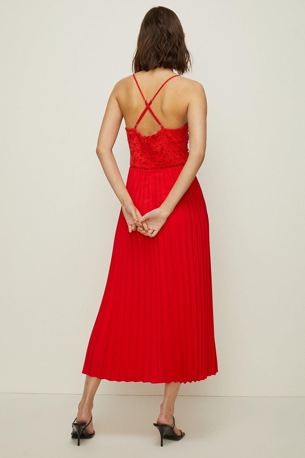 Oasis Strappy Lace V Neck Pleat Midi Dress Red image 3