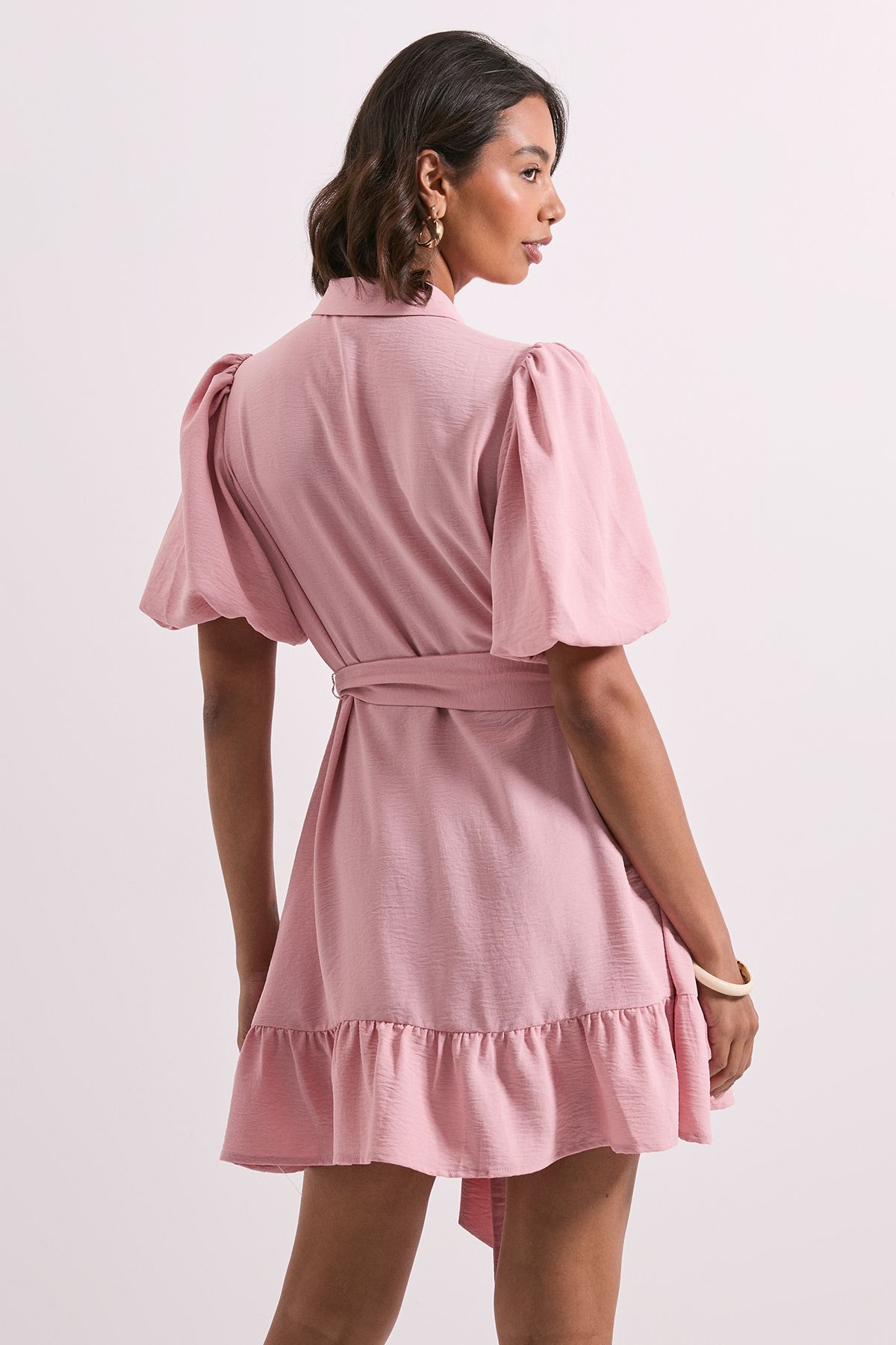 Dorothy Perkins Puff Sleeve Belted Mini Shirt Dress Dusty Rose image 3