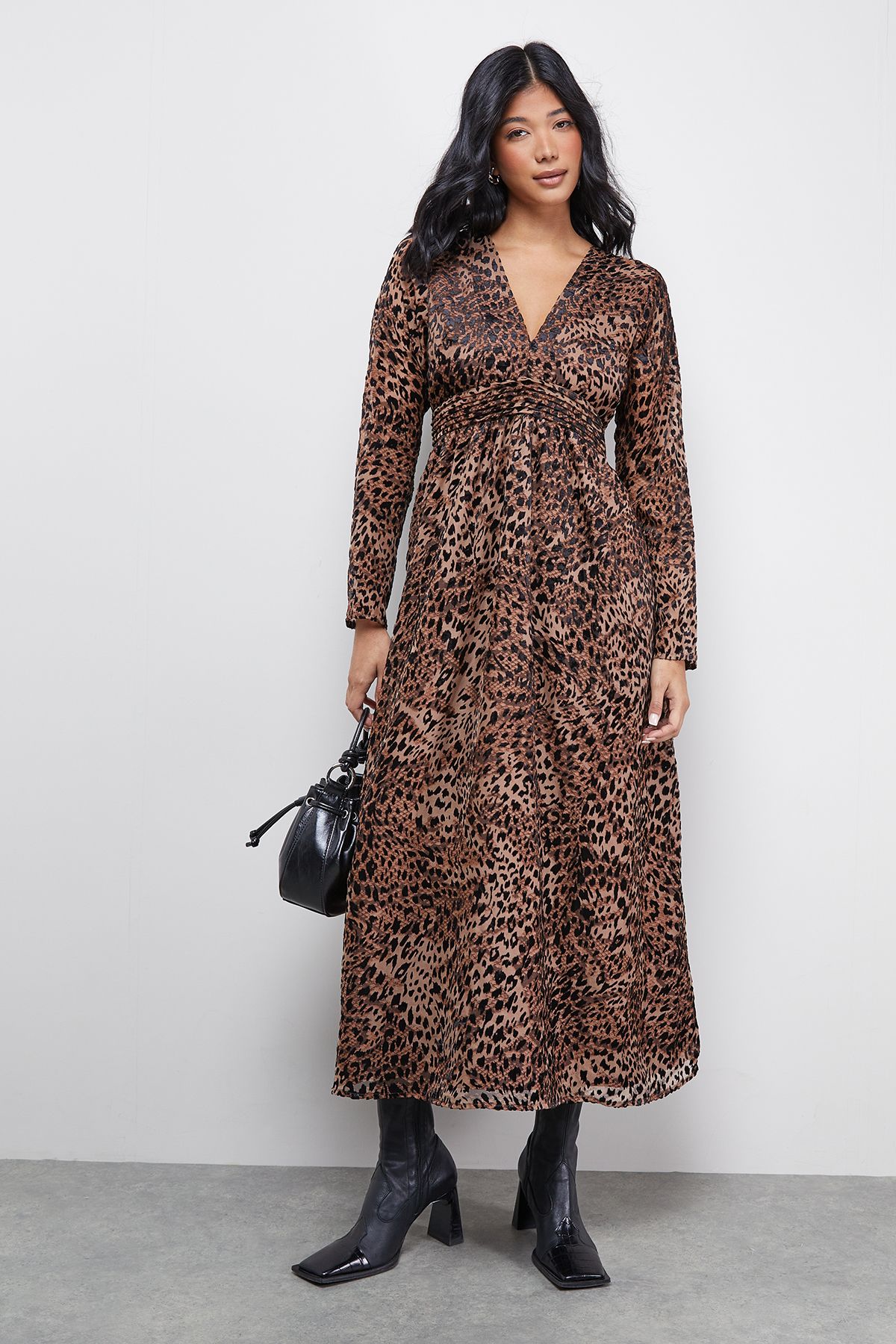 Warehouse Petite Burnout Velvet Plunge Neck Waisted Midi Dress Animal image 1