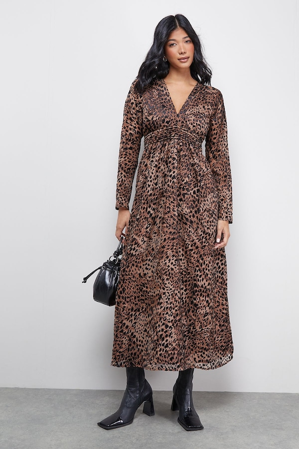 Warehouse Petite Burnout Velvet Plunge Neck Waisted Midi Dress Animal