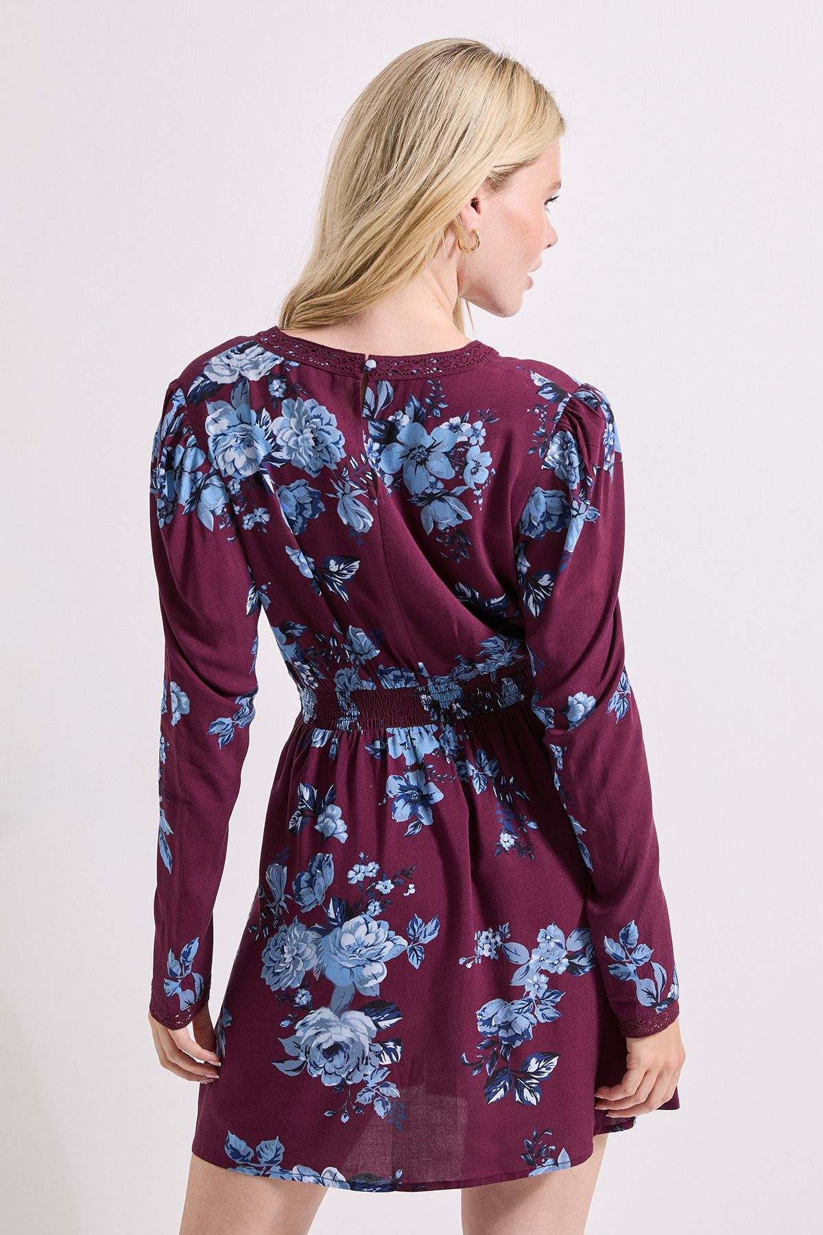 Dorothy Perkins Blue Floral Lace Trim Long Sleeve Printed Mini Dress Blue image 3