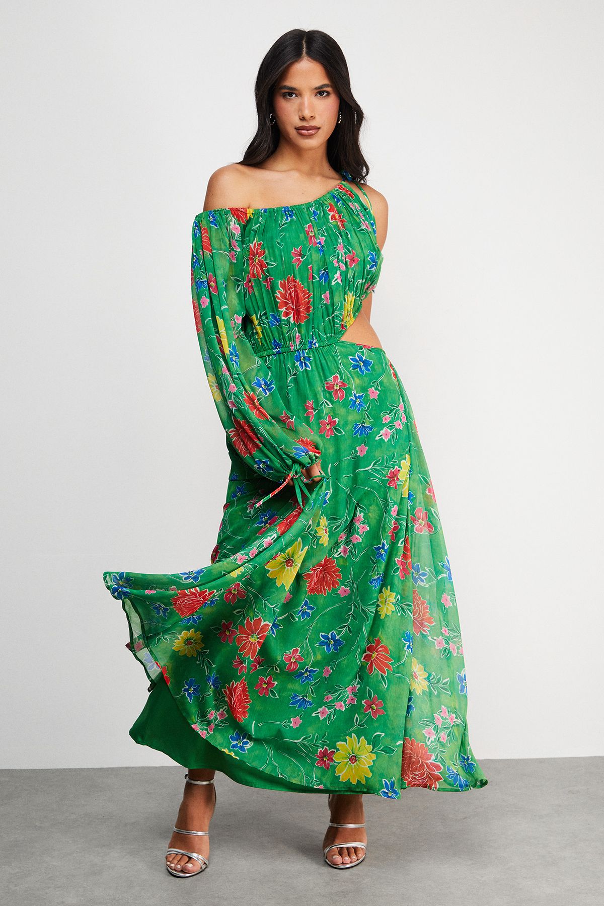 Warehouse Chiffon One Shoulder Balloon Sleeve Cut Out Midi Dress Floral image 1