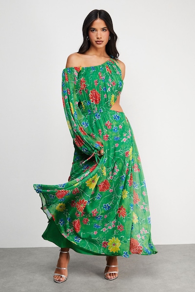 Warehouse Chiffon One Shoulder Balloon Sleeve Cut Out Midi Dress Floral