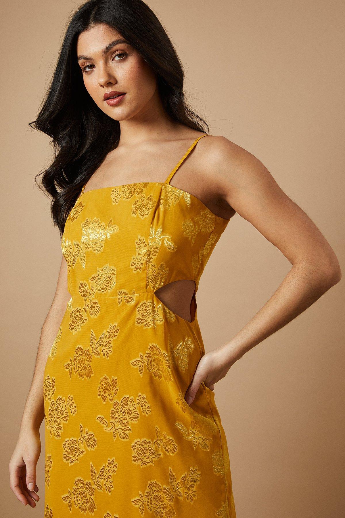 Oasis Jacquard Midi Cut Out Detail Dress Ochre image 4